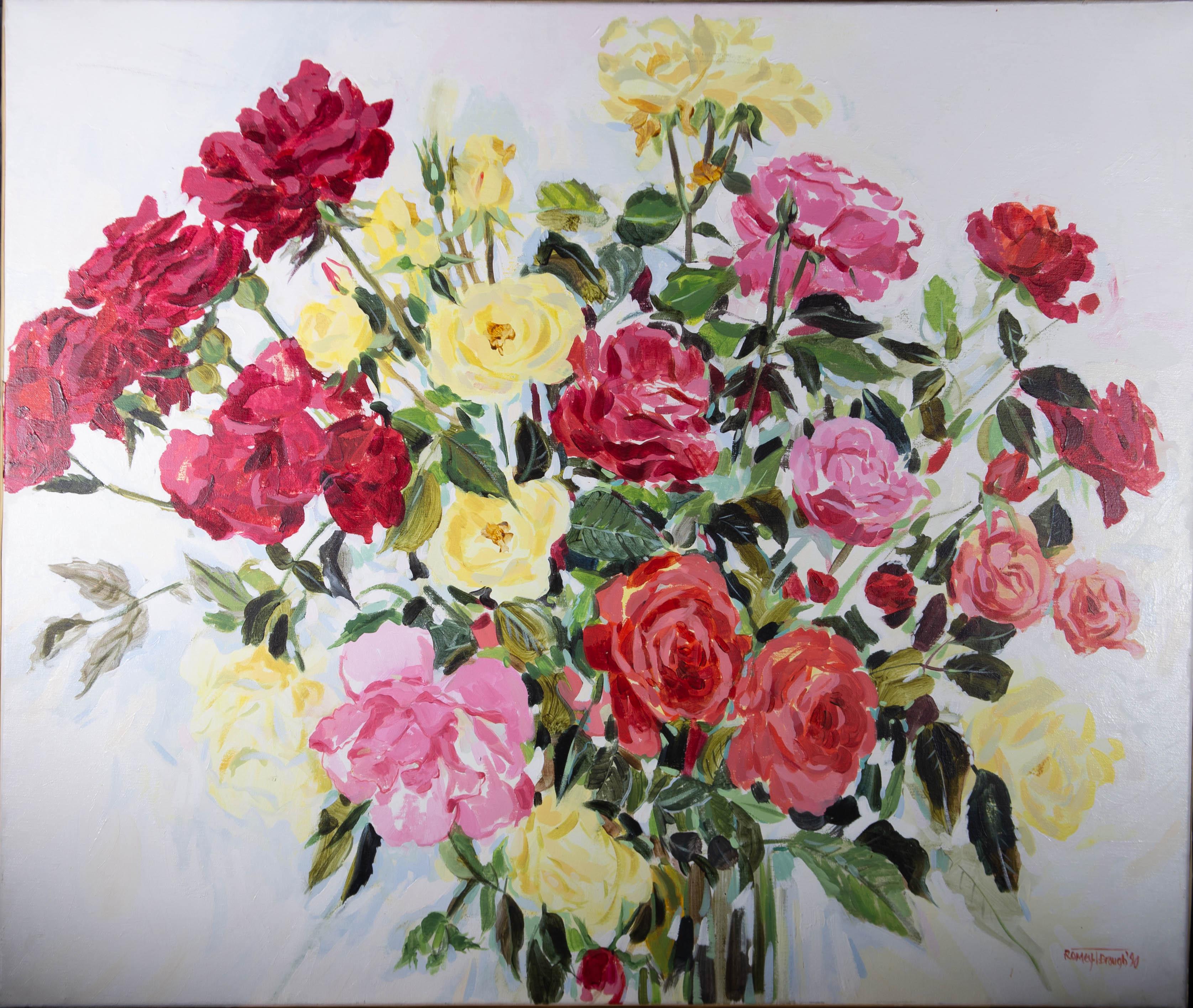 A colourful and decorative oil study of striking size, showing a spray of pretty pink, yellow and red roses. The artist fills the canvas with confident, impressionist brush work. The painting is signed and dated to the lower right corner and