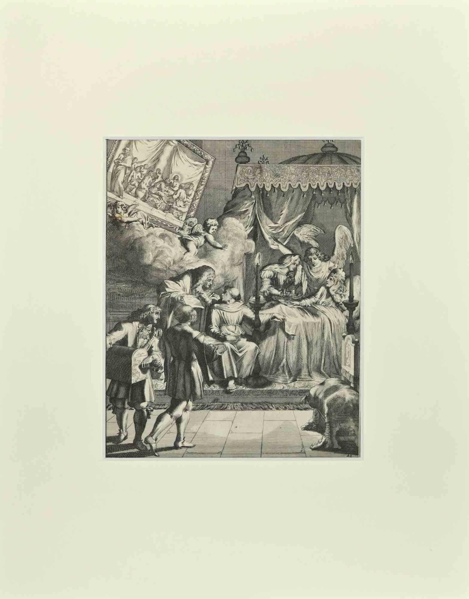 La Manière de se Bien Preparer à La Mort ist eine Radierung von Romeyn de Hooghe aus der Suite von Chertablon de la Vigne, La manière de se bien preparer à la mort. Antwerpen: Gallet 1700. 

Gute Bedingungen.

Das Bild gehört zu der französischen