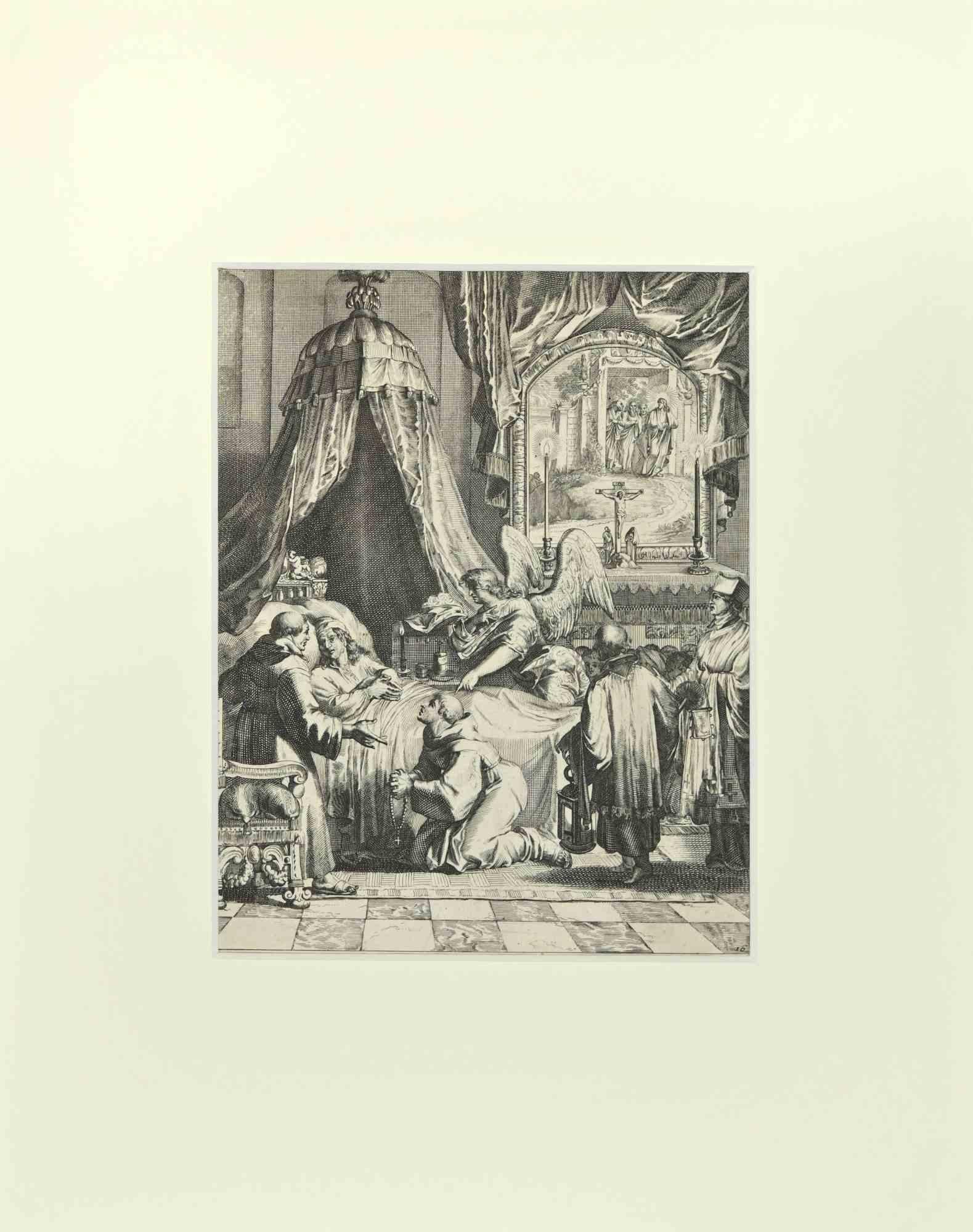 La Manière de se Bien Preparer à La Mort ist eine Radierung von Romeyn de Hooghe aus der Suite von Chertablon de la Vigne, La manière de se bien preparer à la mort. Antwerpen: Gallet 1700. 

Gute Bedingungen.

Das Bild gehört zu der französischen
