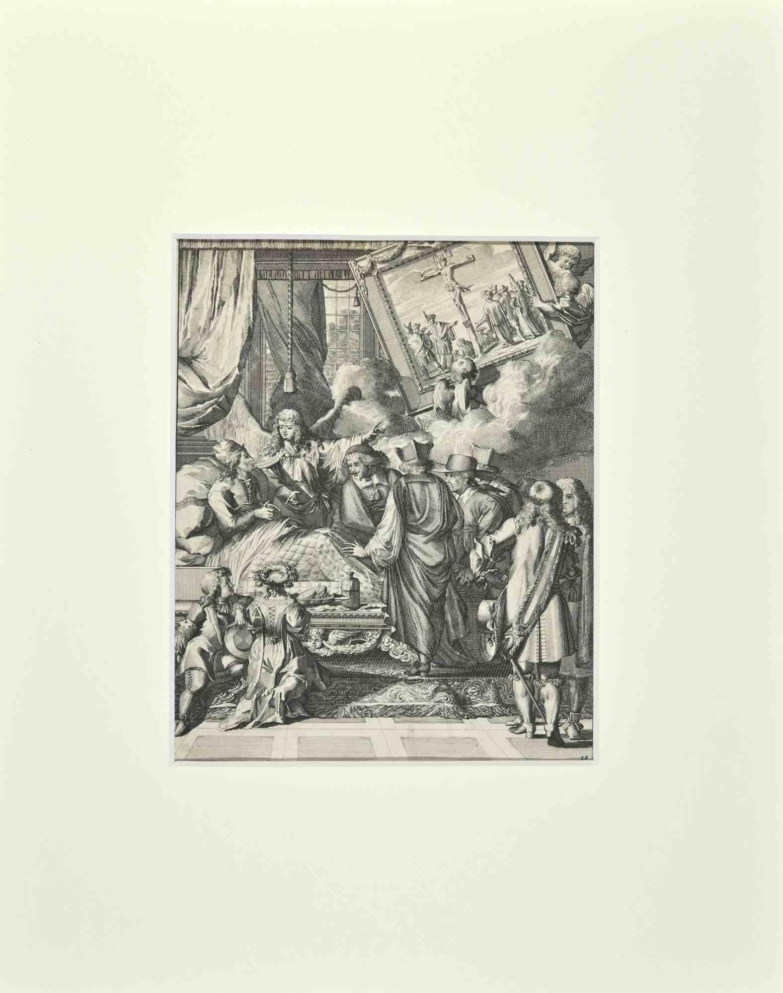 La Manière de se Bien Preparer à La Mort es un aguafuerte de Romeyn de Hooghe de la Suite de Chertablon de la Vigne, La manière de se bien preparer à la mort. Amberes: Gallet 1700. 

Buenas condiciones.

La obra pertenece a la edición francesa con