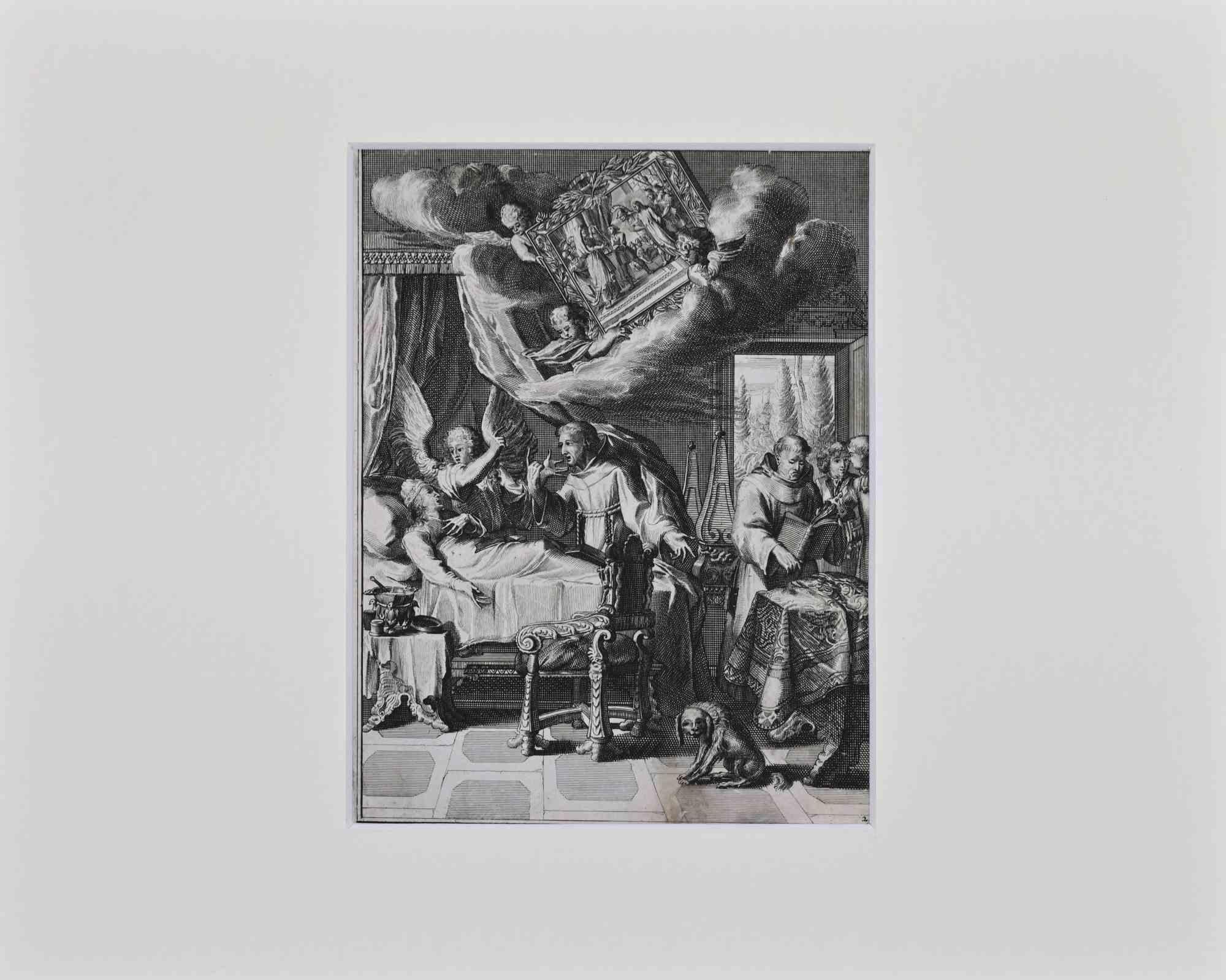 La Manière de se Bien Preparer à La Mort is an etching by Romeyn de Hooghe from the Suite by Chertablon de la Vigne, La manière de se bien preparer à la mort. Antwerp: Gallet 1700. 

Good conditions.

The artwork belongs to the French edition with