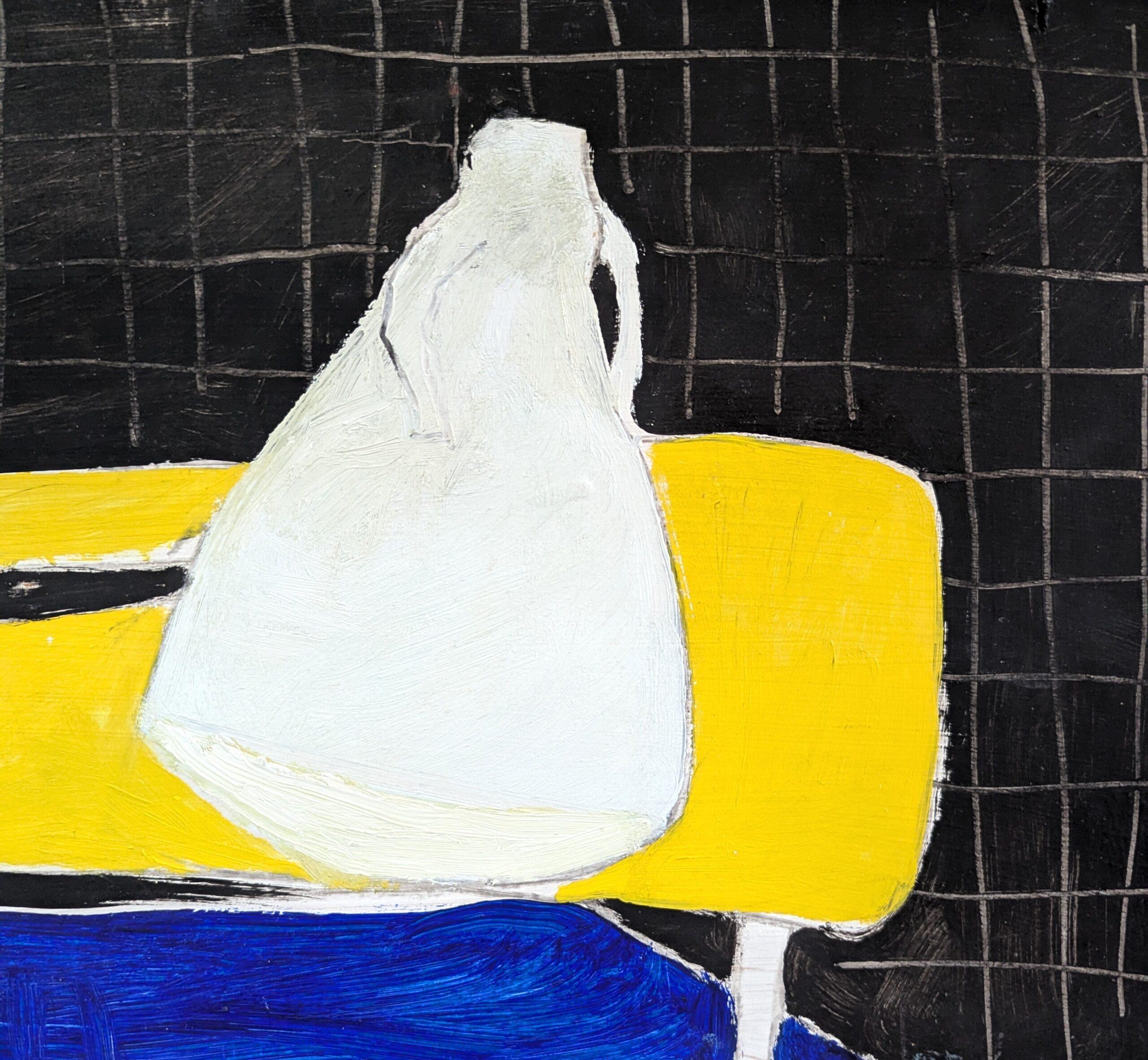 1991 Modernist Abstract Still Life Oil Painting - White, Yellow, Blue, Black For Sale 8