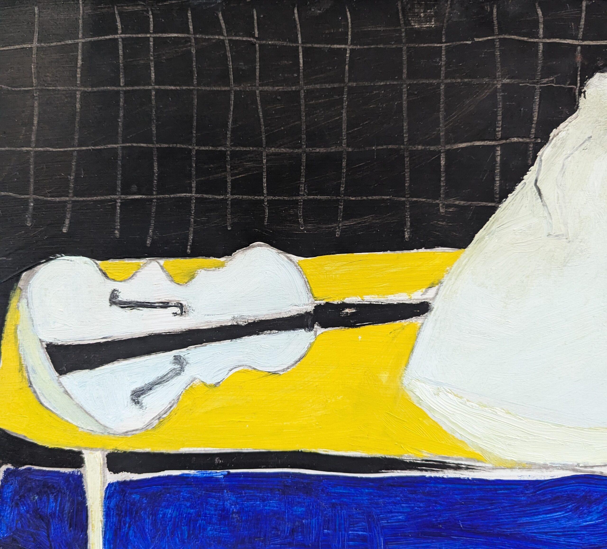 1991 Modernist Abstract Still Life Oil Painting - White, Yellow, Blue, Black For Sale 9