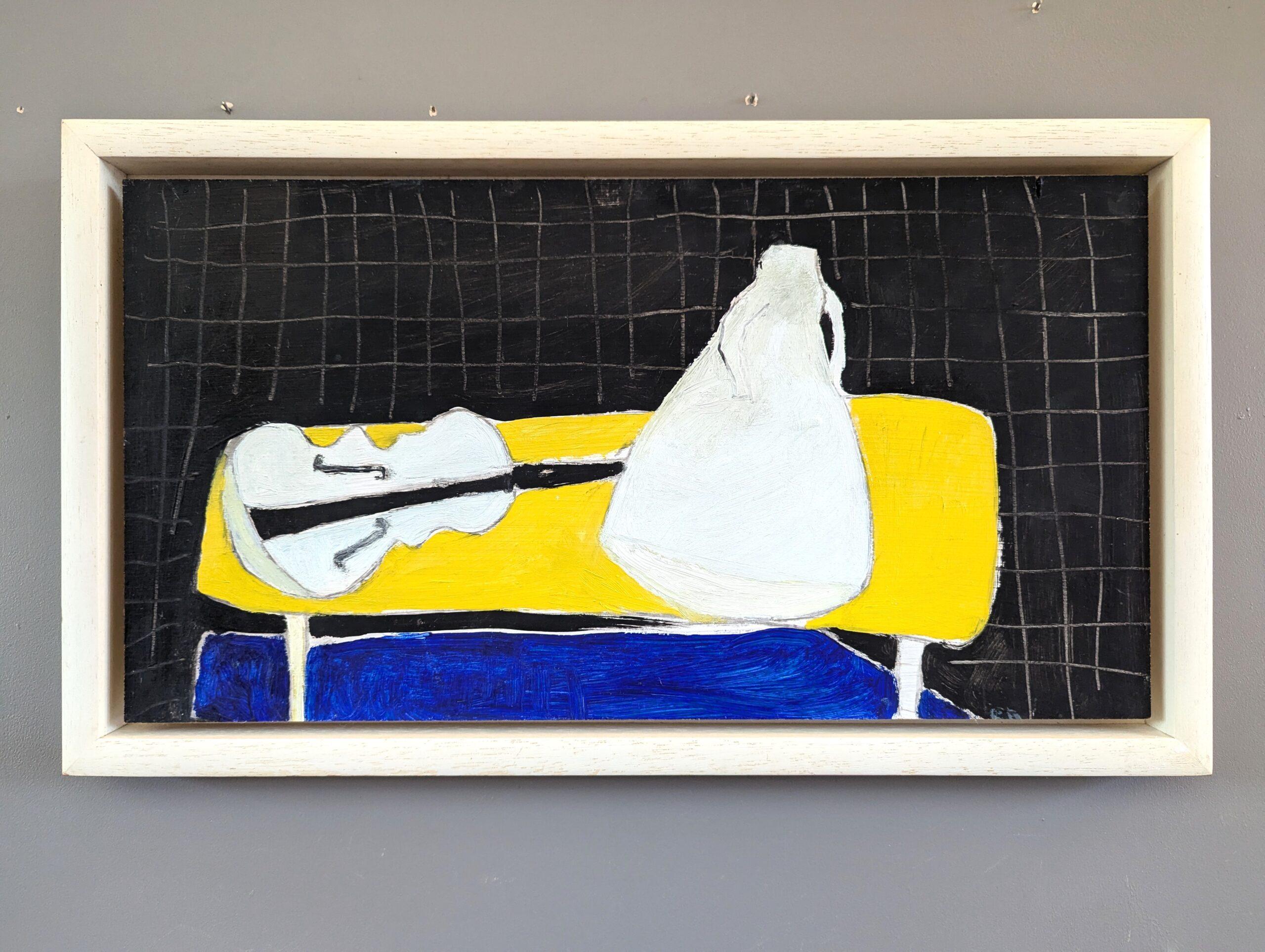 WHITE, YELLOW, BLUE, BLACK
Size: 29 x 51 cm (including frame)
Oil on board

A striking contemporary abstract still life composition that celebrates the beauty and simplicity of everyday objects, painted in oil onto board and dated 1991 by British