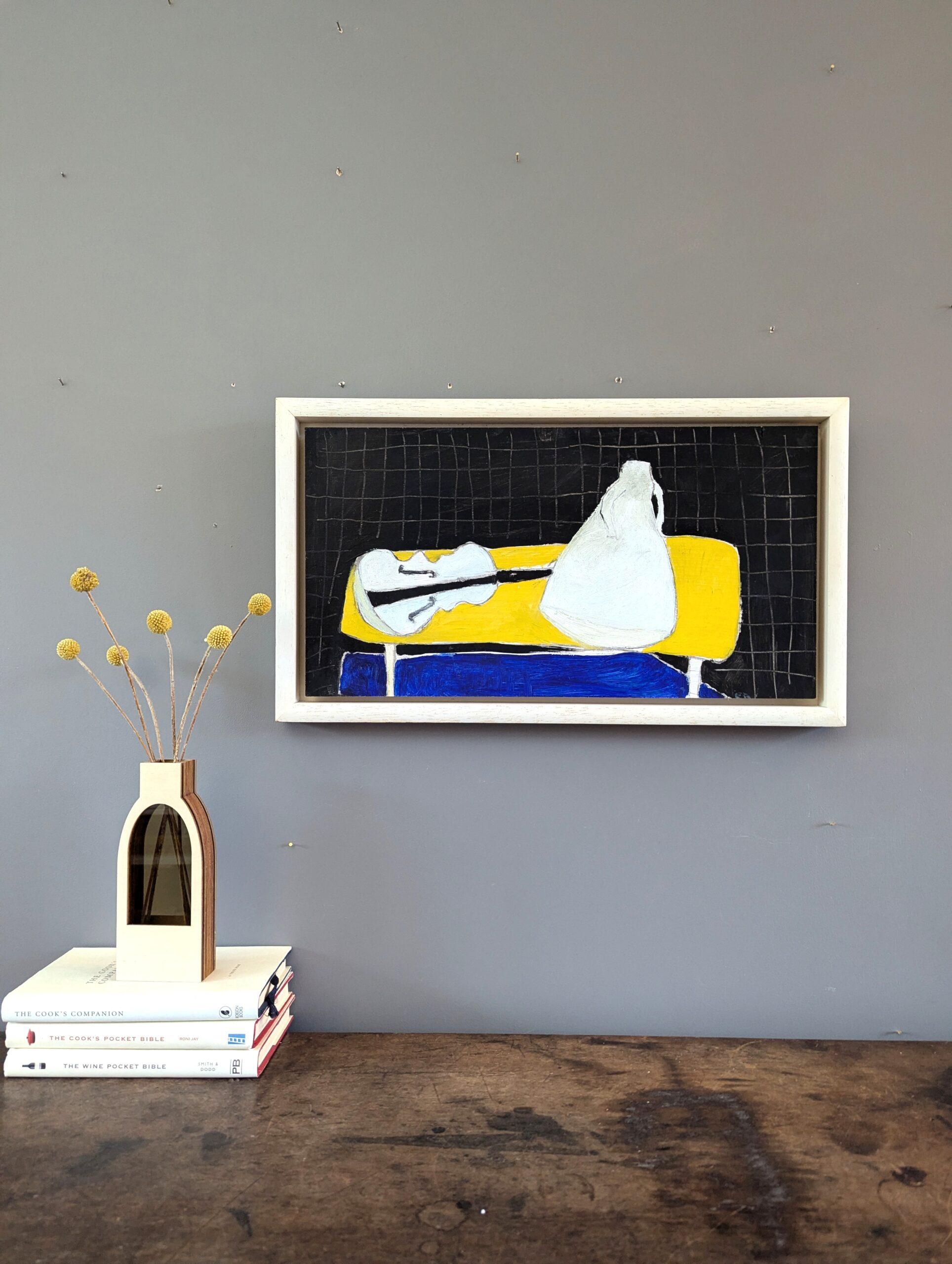 1991 Modernist Abstract Still Life Oil Painting - White, Yellow, Blue, Black For Sale 1