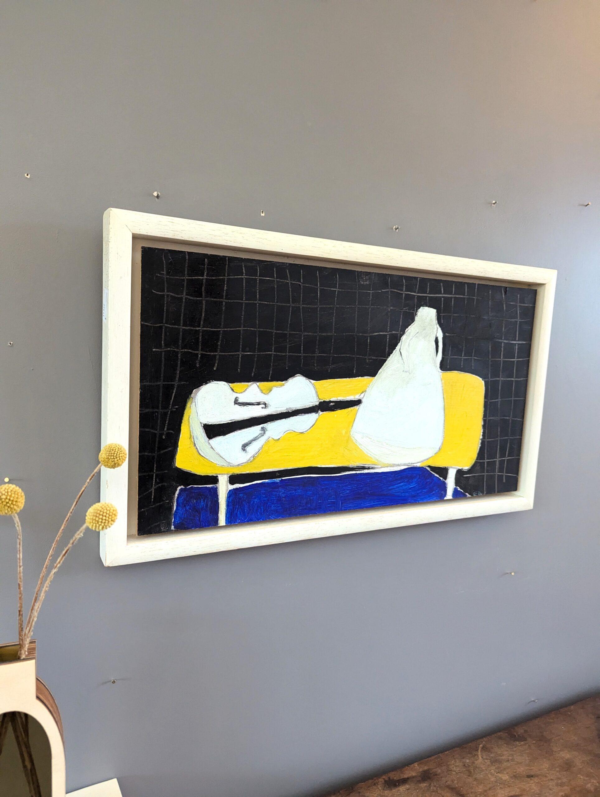 1991 Modernist Abstract Still Life Oil Painting - White, Yellow, Blue, Black For Sale 2