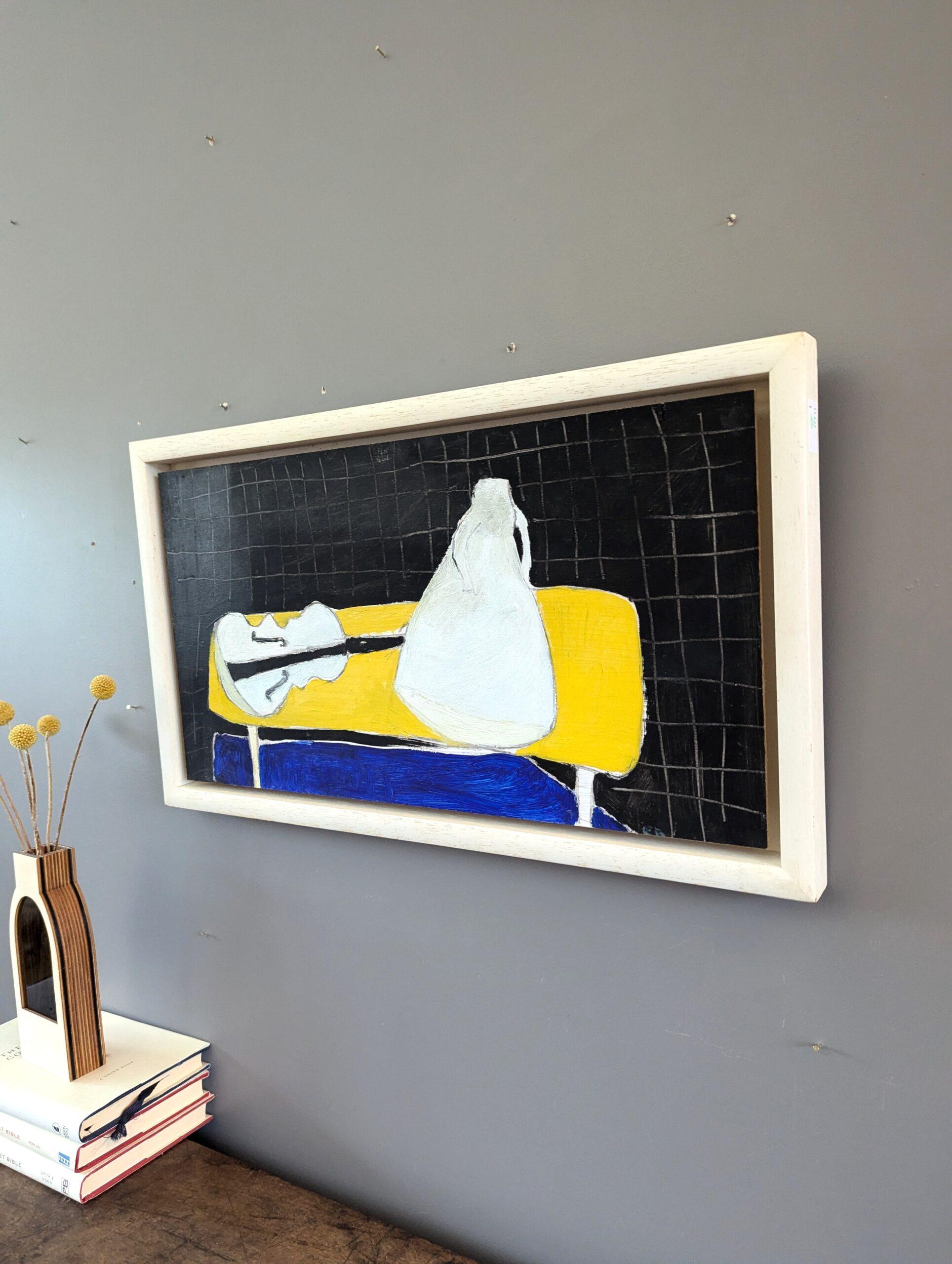 1991 Modernist Abstract Still Life Oil Painting - White, Yellow, Blue, Black For Sale 3