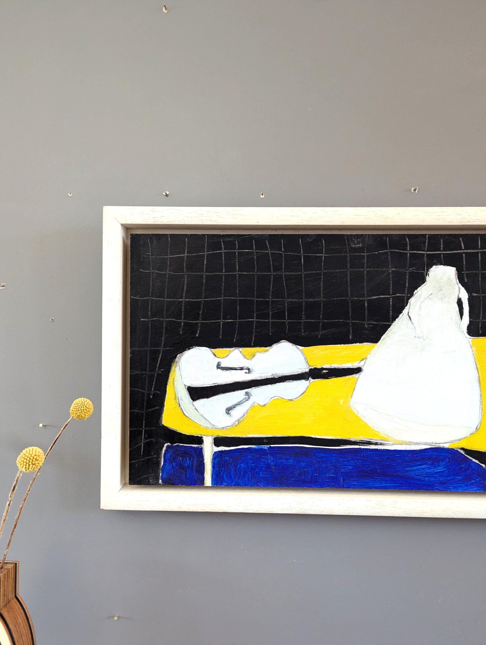 1991 Modernist Abstract Still Life Oil Painting - White, Yellow, Blue, Black For Sale 4