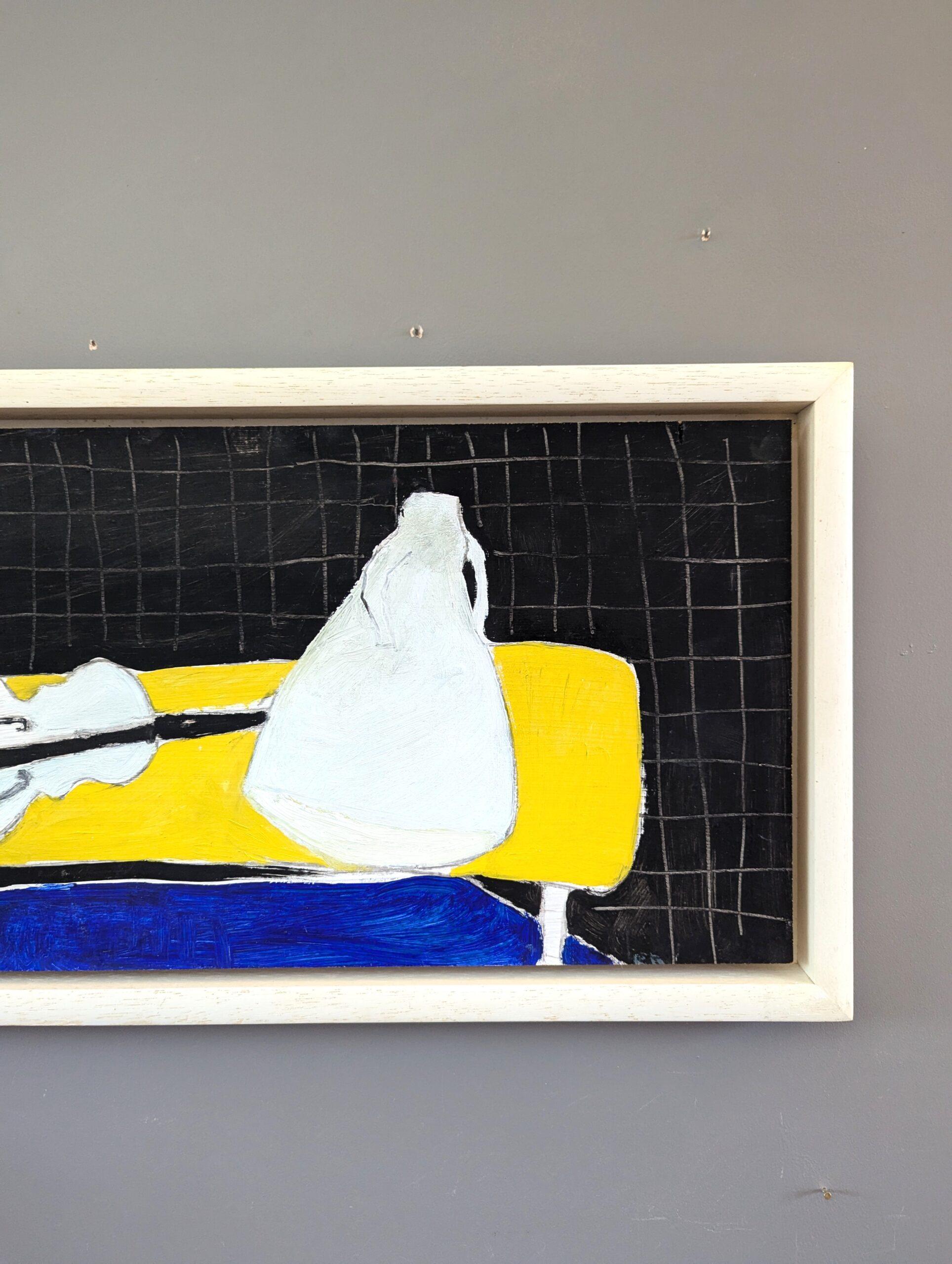 1991 Modernist Abstract Still Life Oil Painting - White, Yellow, Blue, Black For Sale 5