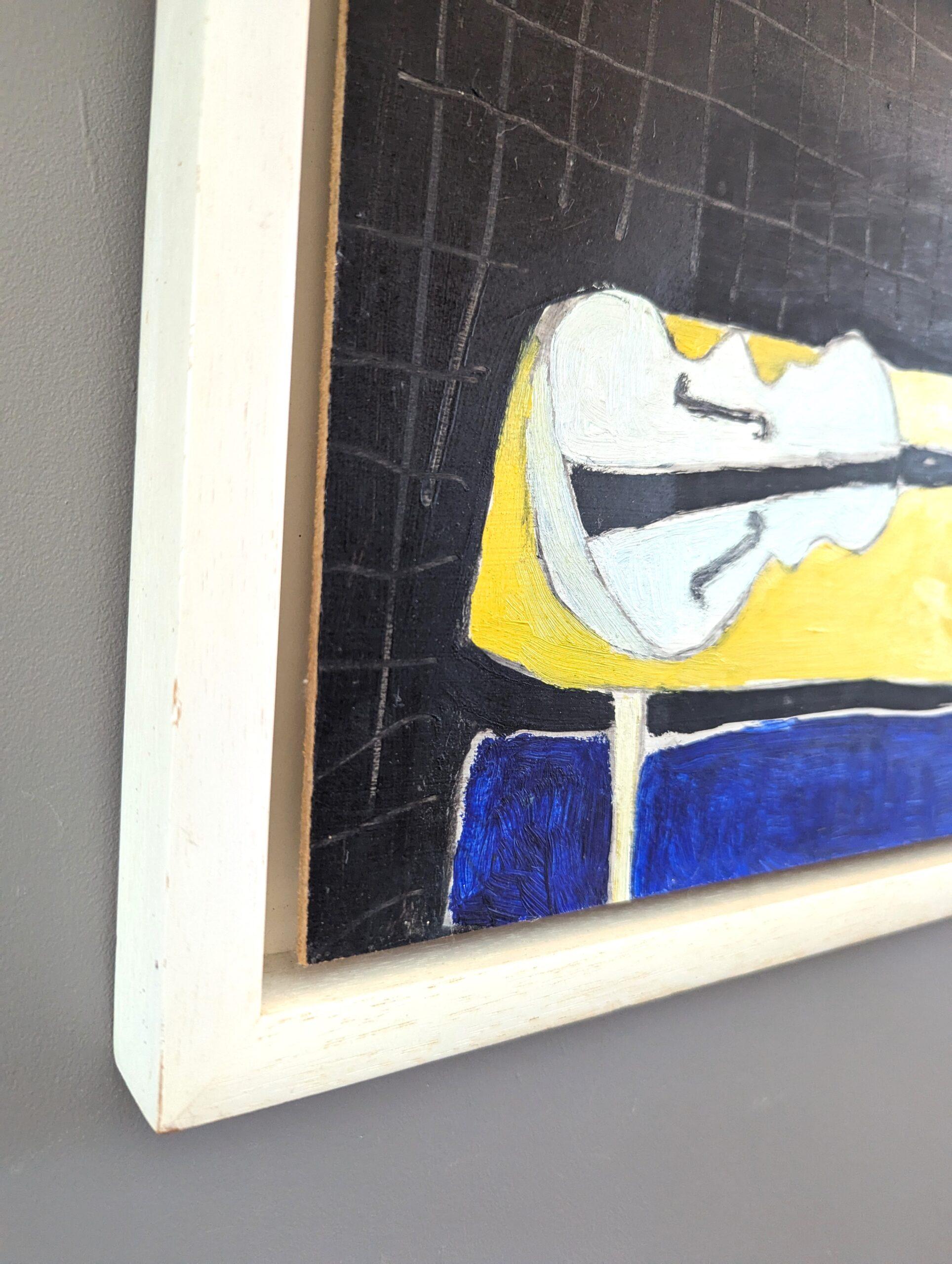 1991 Modernist Abstract Still Life Oil Painting - White, Yellow, Blue, Black For Sale 6