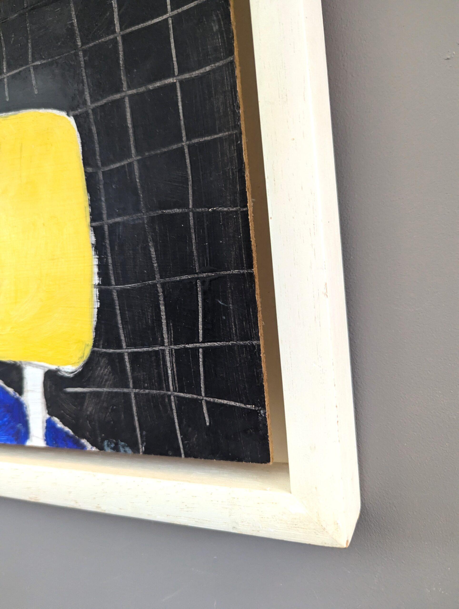 1991 Modernist Abstract Still Life Oil Painting - White, Yellow, Blue, Black For Sale 7