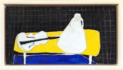 1991 Modernist Abstract Still Life Oil Painting - White, Yellow, Blue, Black