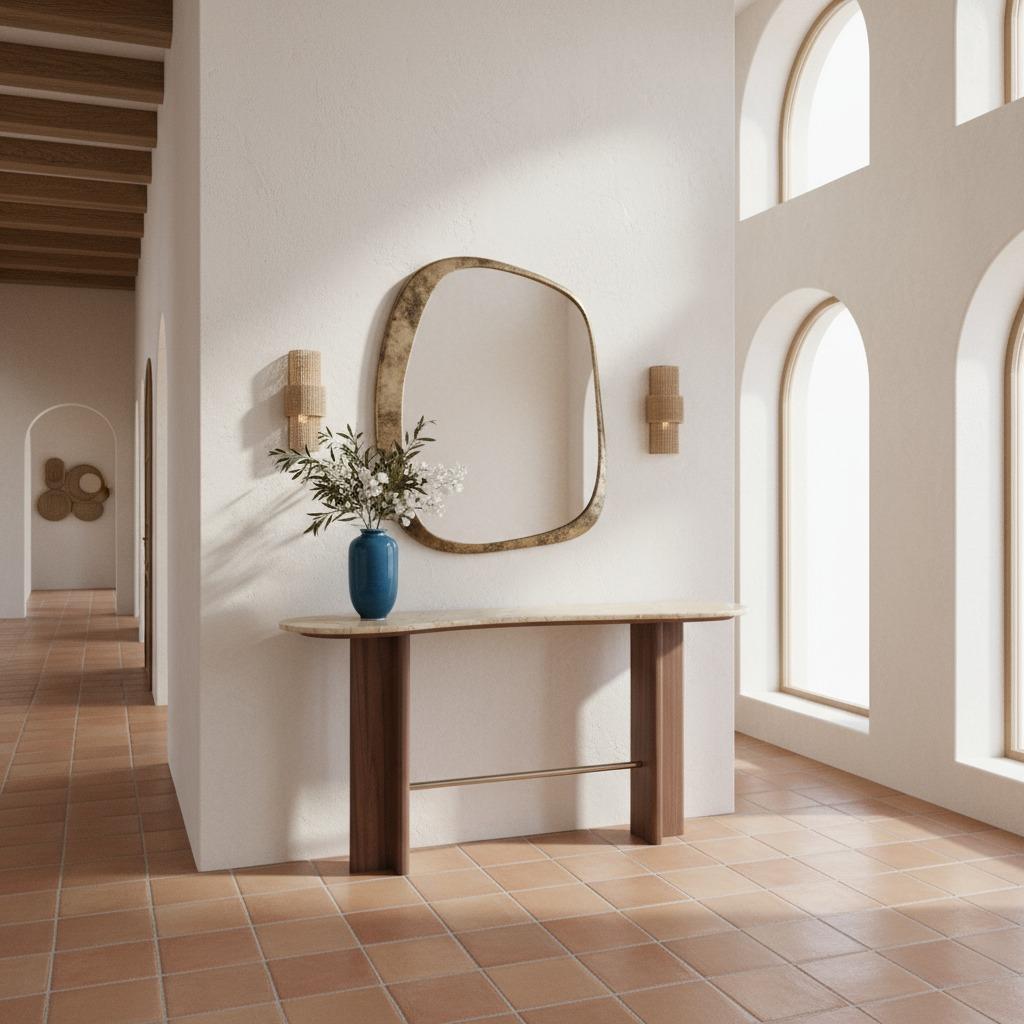 Modern Romi Console by Nolita Harbour featuring Marble Top with Walnut Base and Brass For Sale