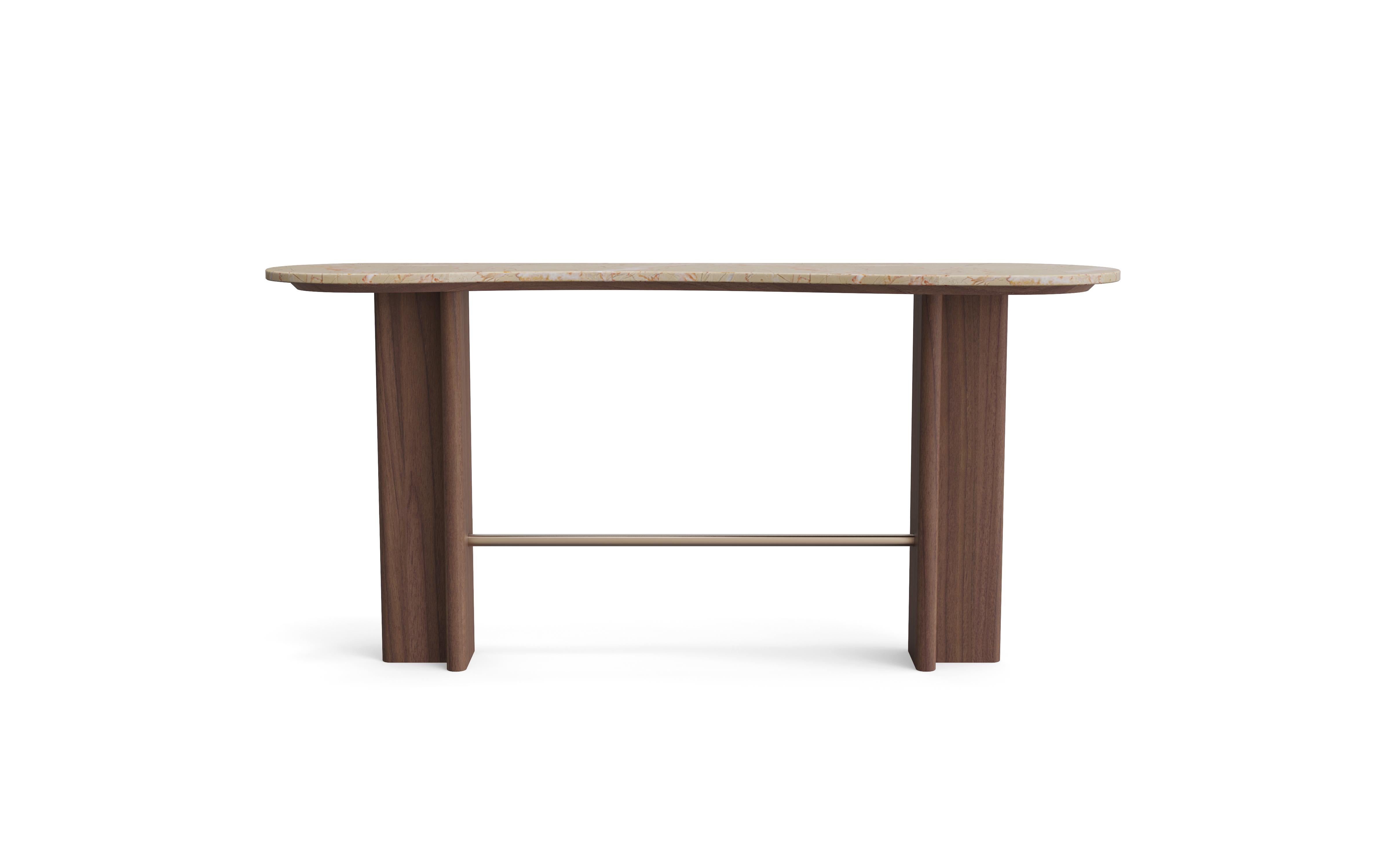 Portuguese Romi Console by Nolita Harbour featuring Marble Top with Walnut Base and Brass For Sale