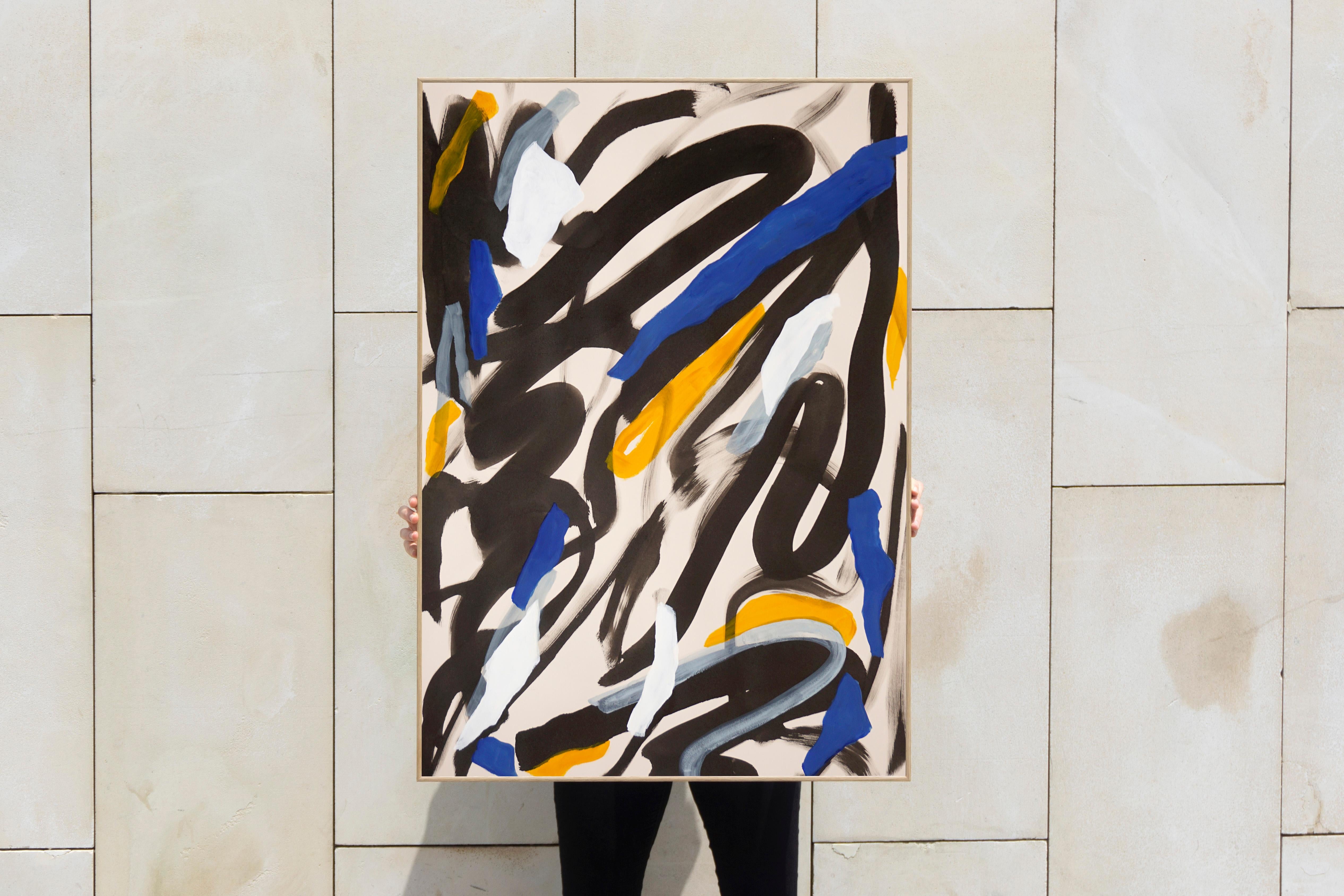 A Windy Day, Vigorous Gestures in Blue, Yellow and Black, Abstract Brushstrokes  - Painting by Romina Milano