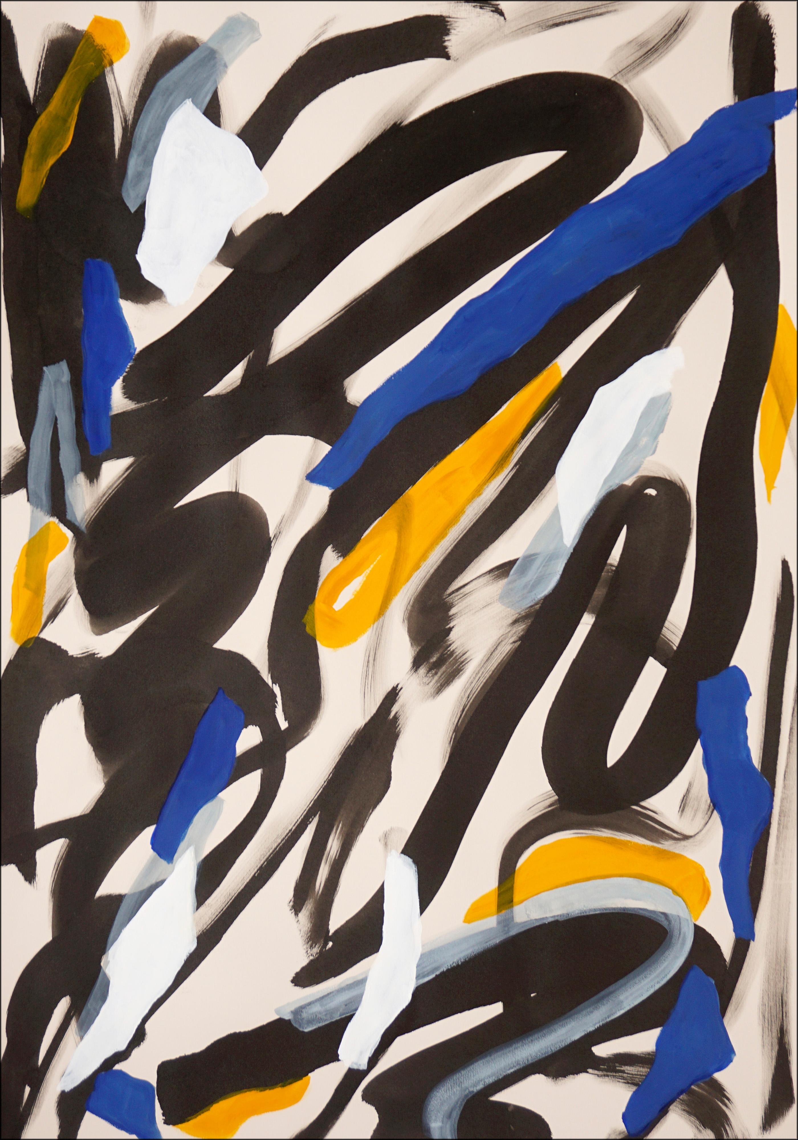 Romina Milano Abstract Painting - A Windy Day, Vigorous Gestures in Blue, Yellow and Black, Abstract Brushstrokes 