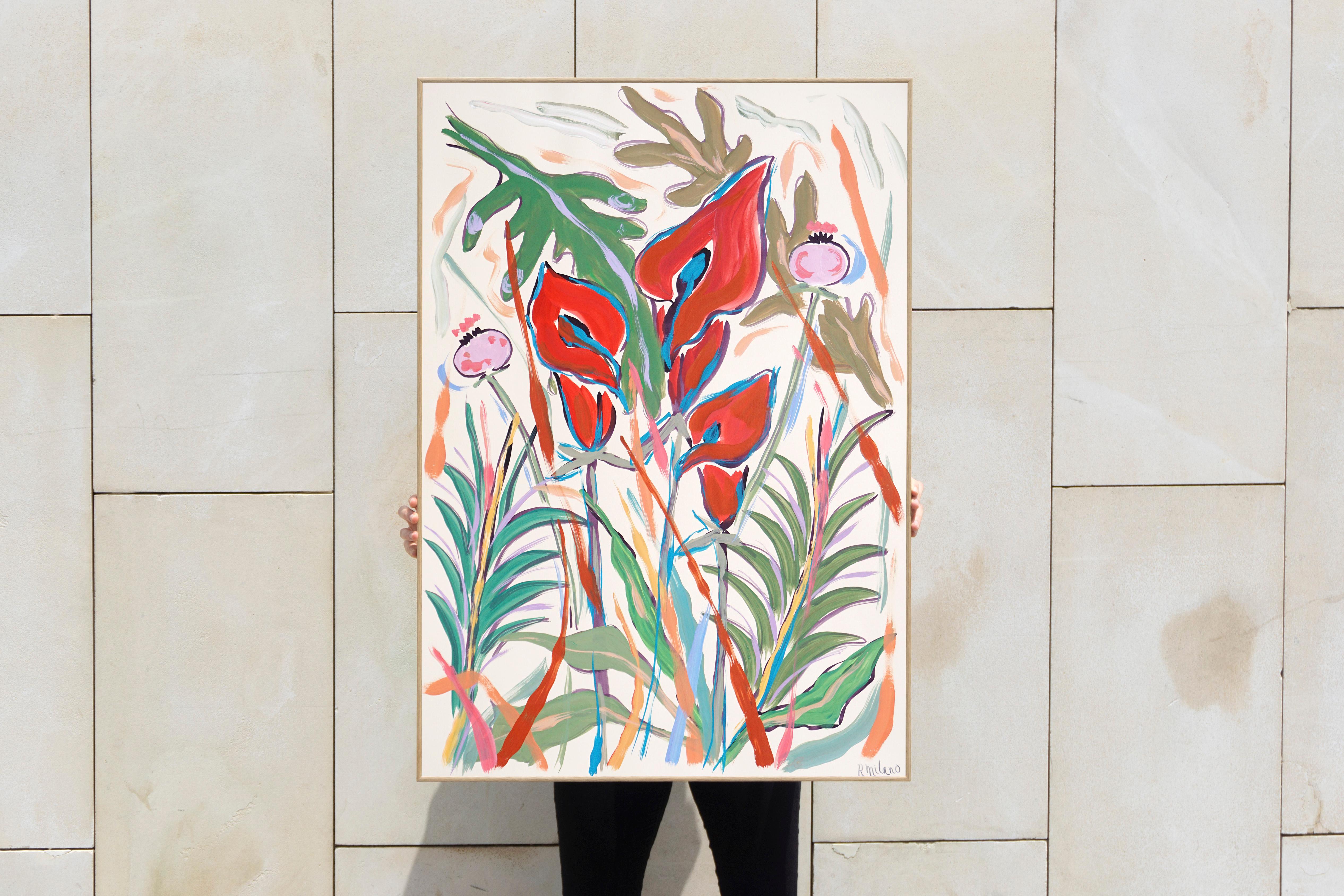 Anturios y Amapolas, Paisaje Fauvista, Ramo de Flores, Estilo Ilustración - Painting de Romina Milano