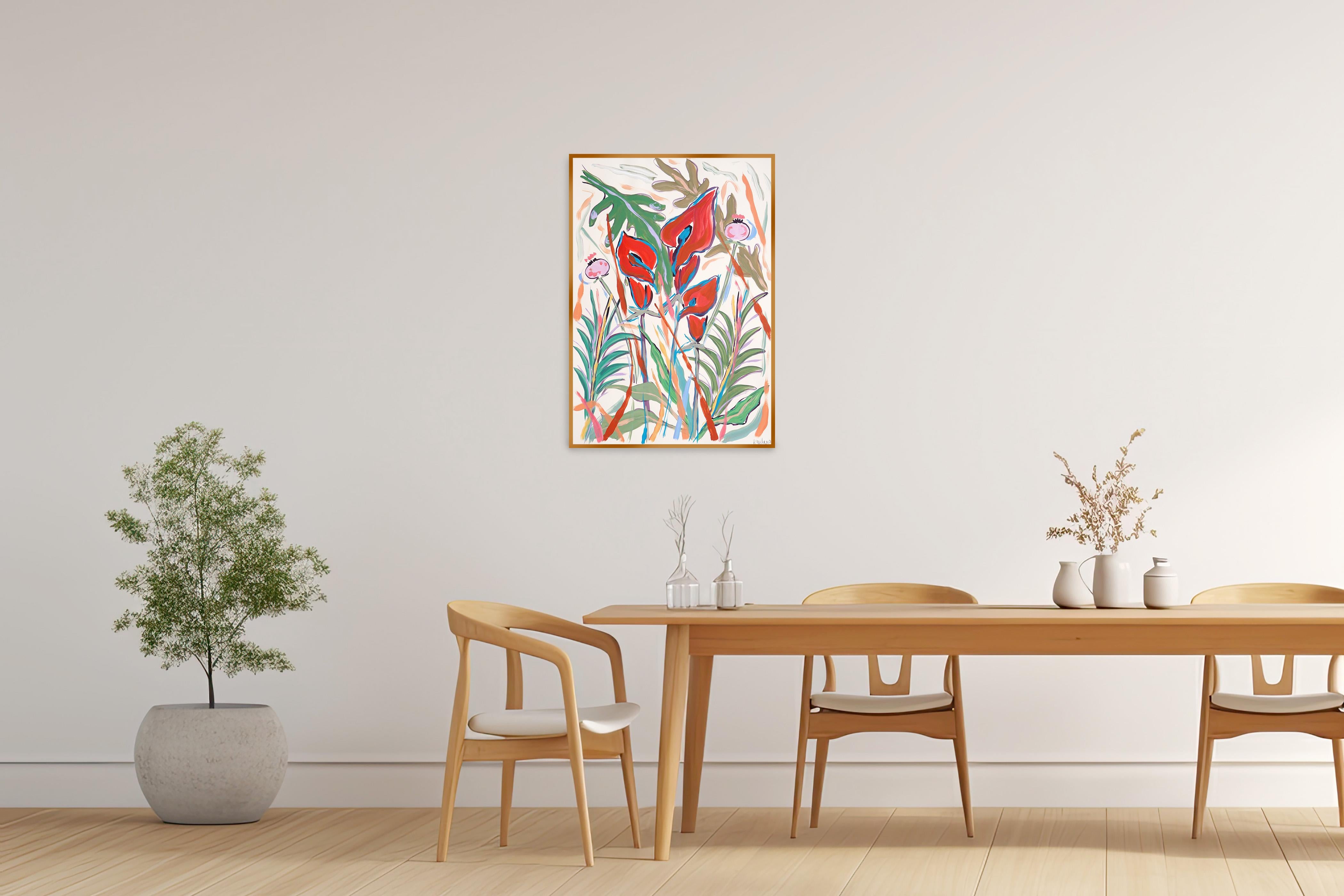 Anturios y Amapolas, Paisaje Fauvista, Ramo de Flores, Estilo Ilustración - Landscape Painting Beige de Romina Milano