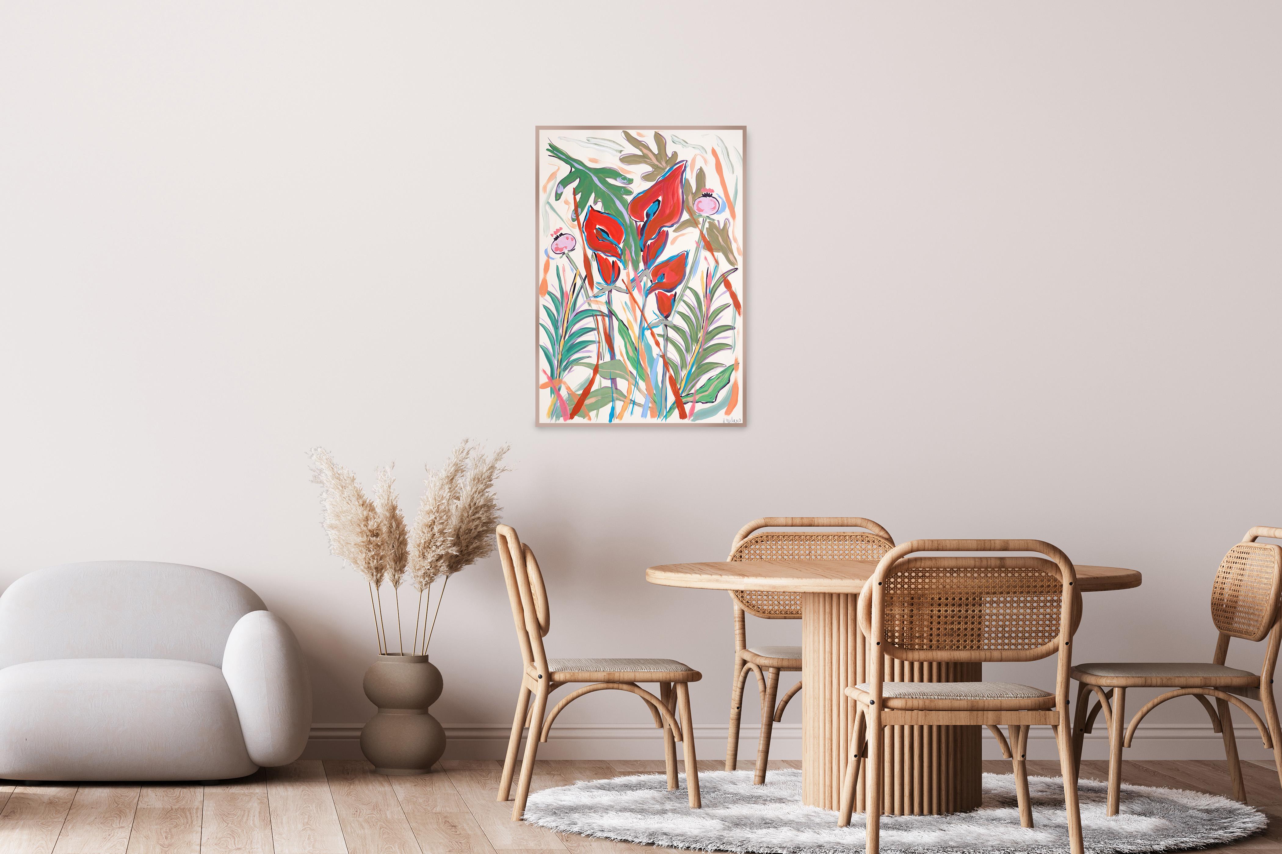 Anturios y Amapolas, Paisaje Fauvista, Ramo de Flores, Estilo Ilustración en venta 1