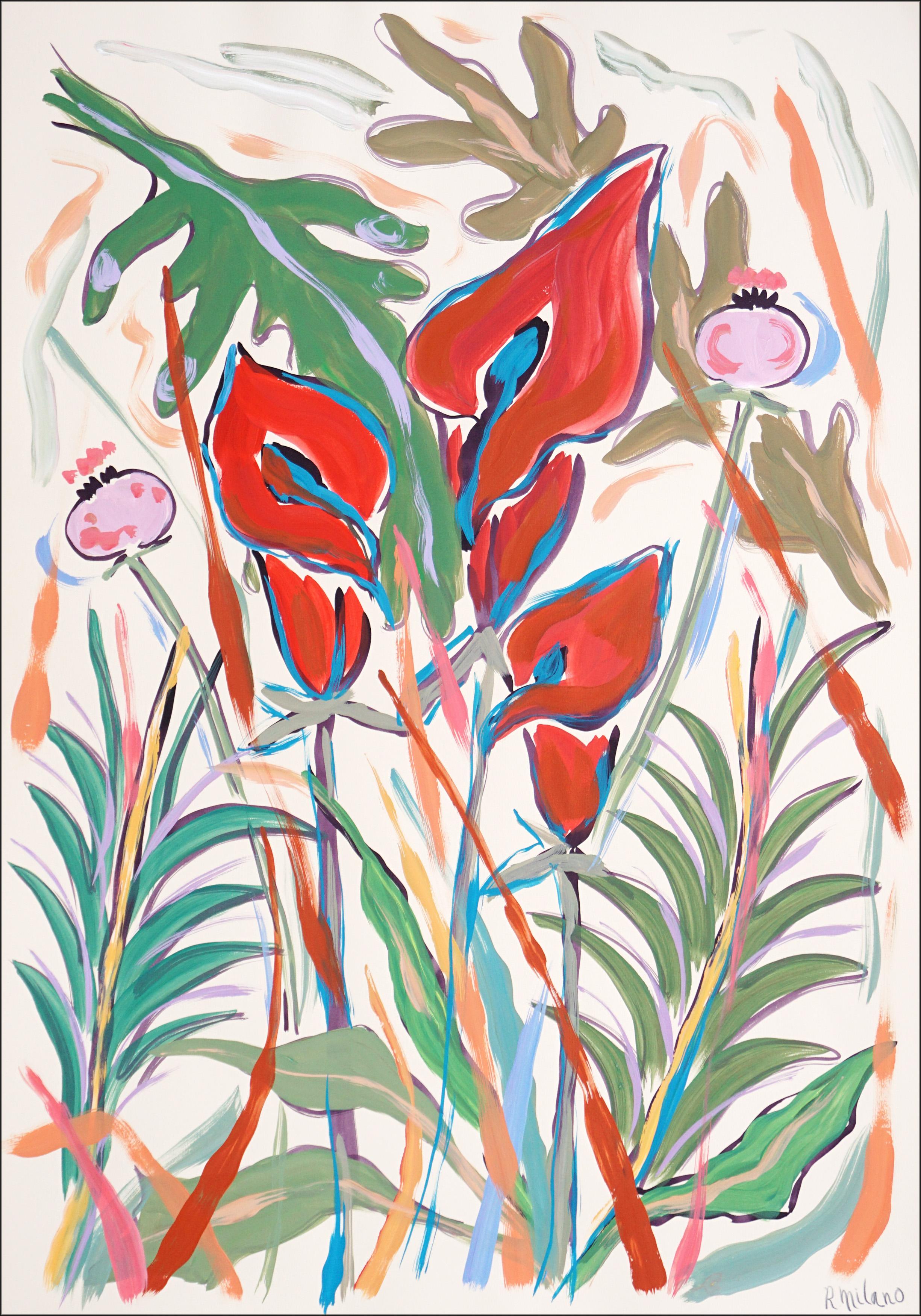 Anthurien und Pflanzgefäße, fauvistische Landschaft, Blumenstrauß, Illustrationsstil