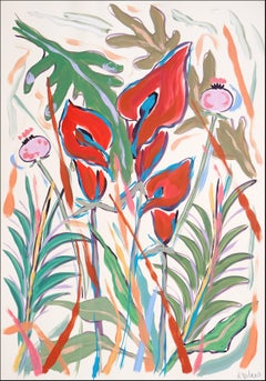 Anthurien und Pflanzgefäße, fauvistische Landschaft, Blumenstrauß, Illustrationsstil