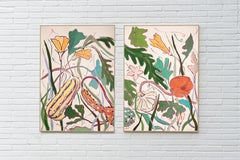 Autumn Colors, Large Diptych Pumpkin Harvest, Orange Tones, Green Leaves, Flower