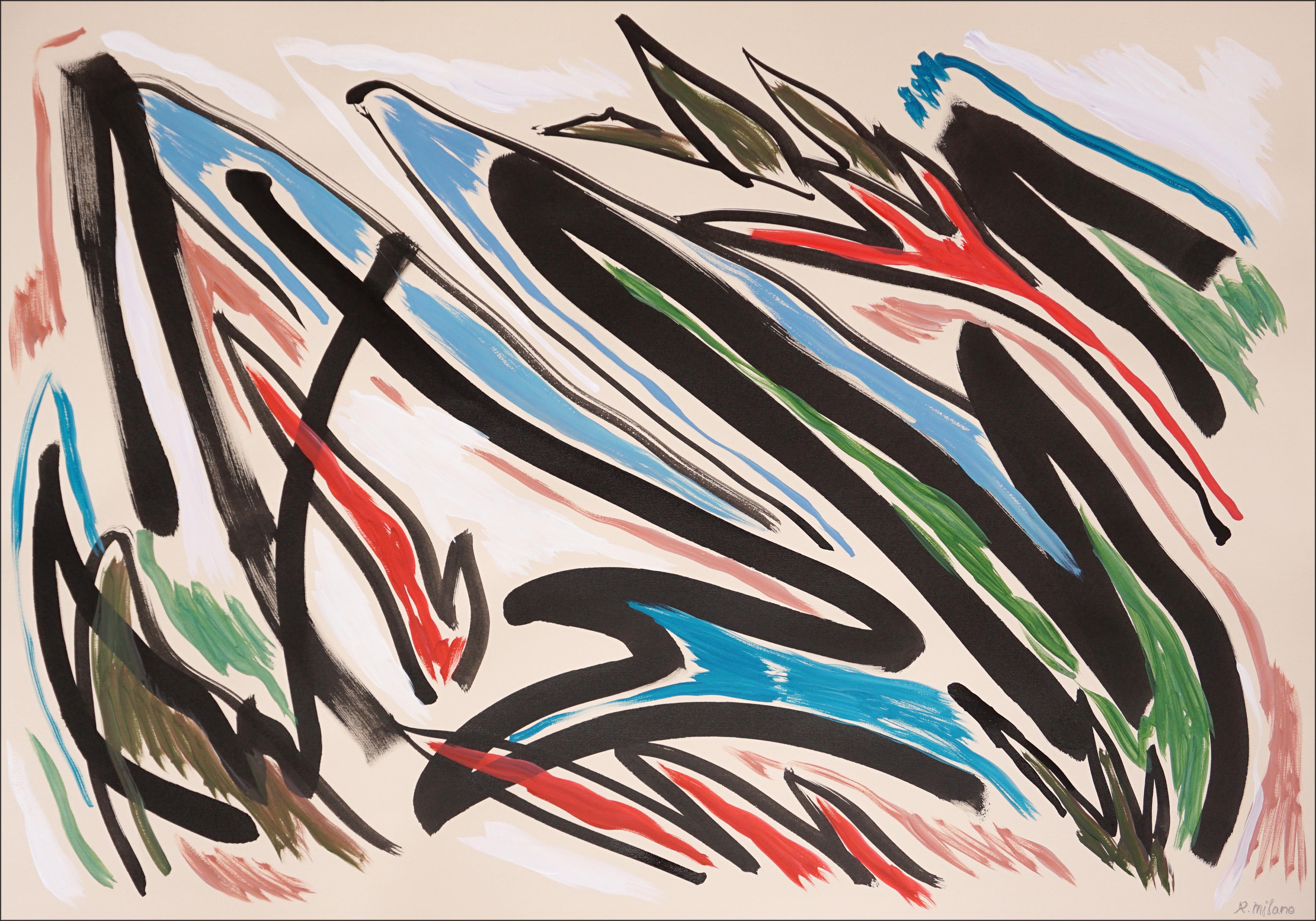 Bird of Paradise, Abstract Expressionist Wild Flora, Blue and Black Gestures 