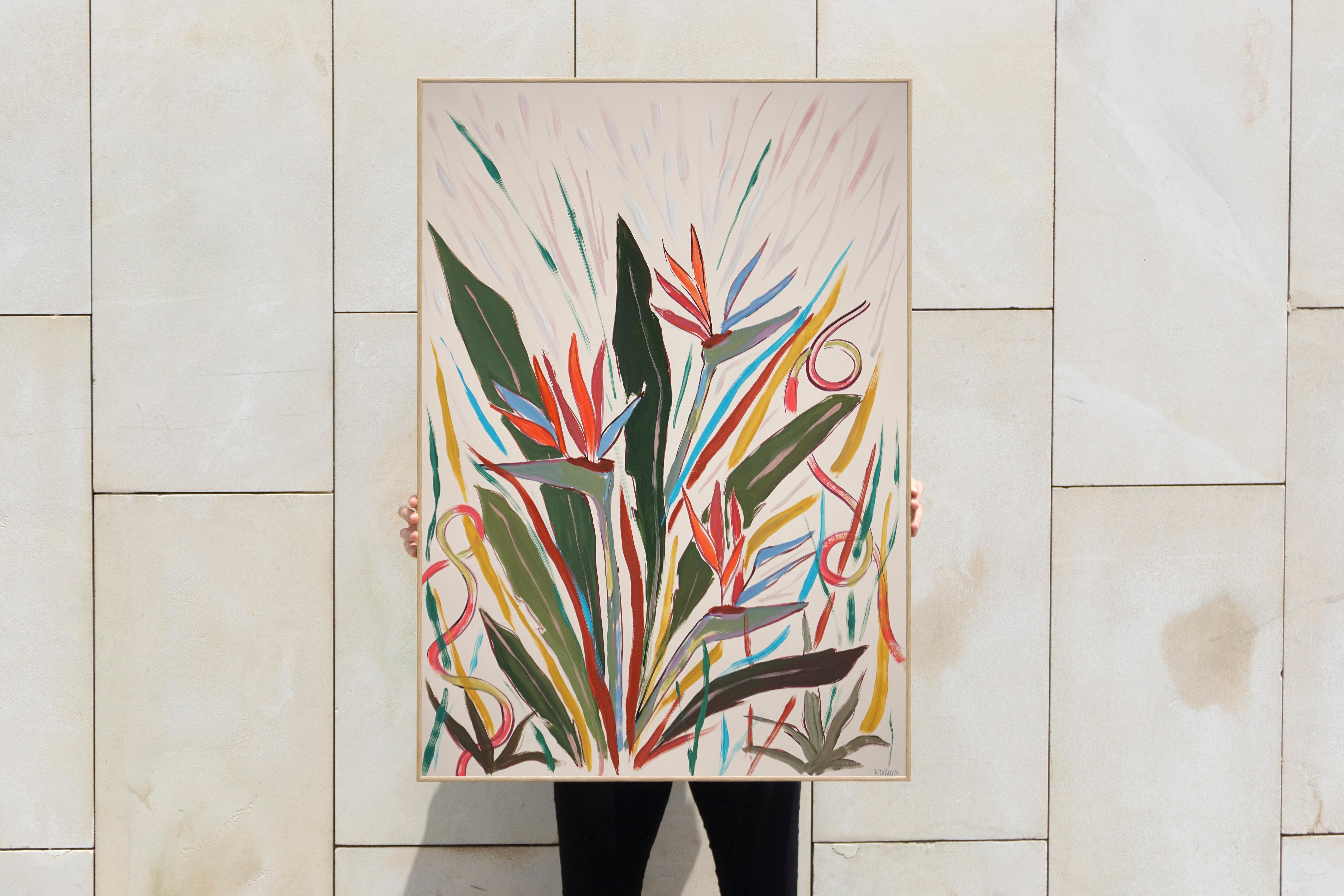 Blumenstrauß-Blumenvogel des Paradieses, Illustrationsstil, grüne Blätter, orangefarbenes Blütenblatt – Painting von Romina Milano