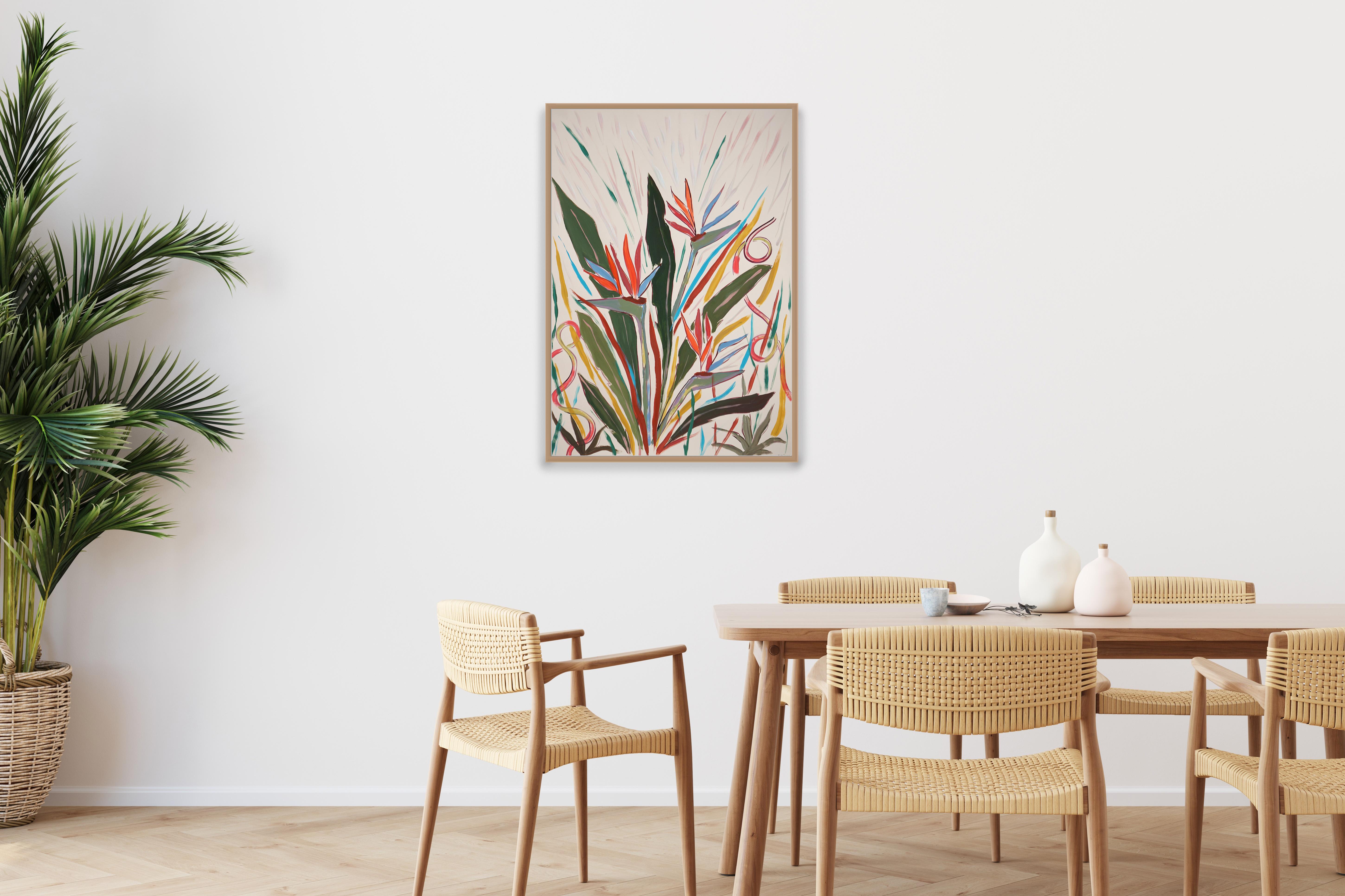 Blumenstrauß-Blumenvogel des Paradieses, Illustrationsstil, grüne Blätter, orangefarbenes Blütenblatt (Realismus), Painting, von Romina Milano