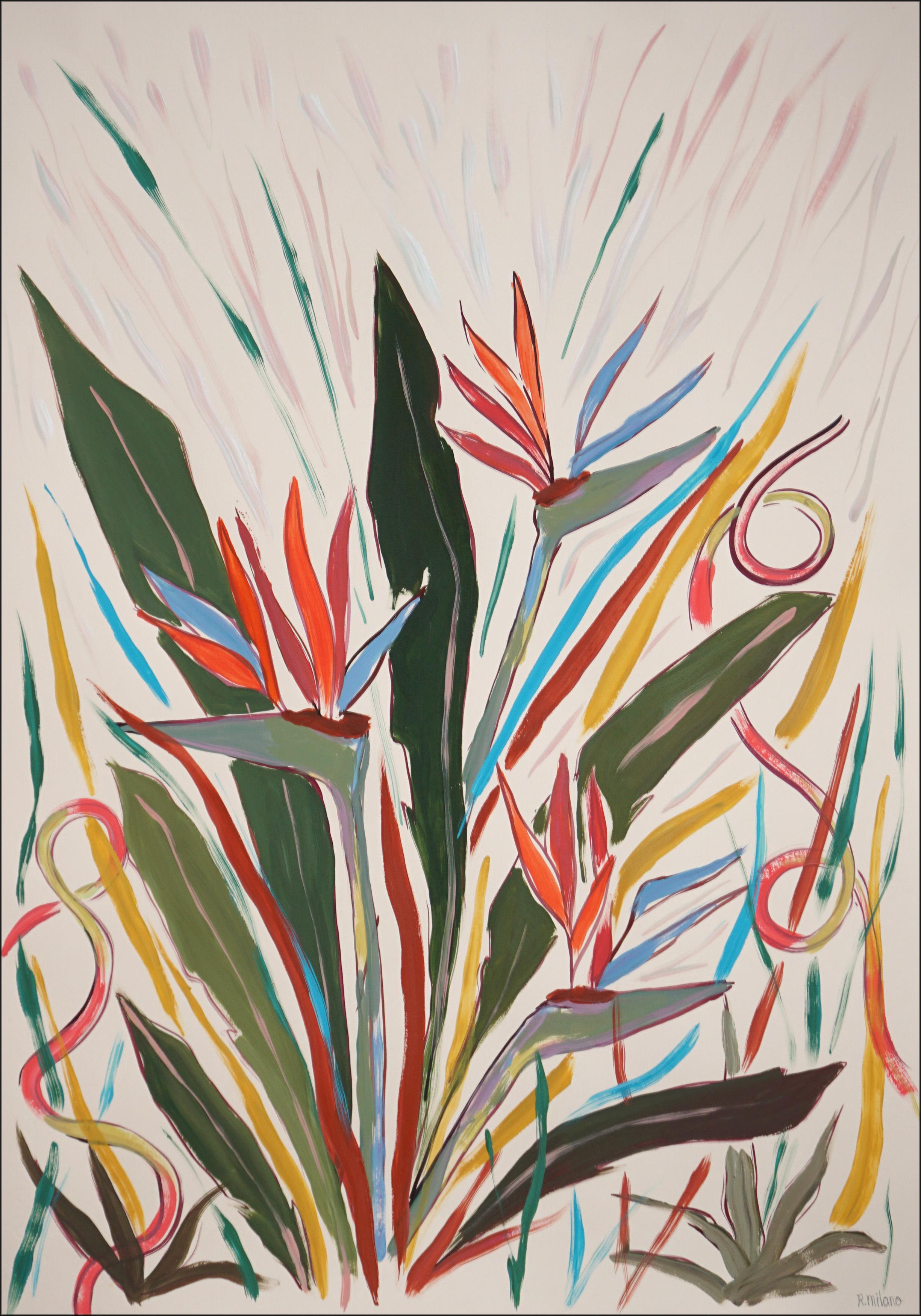 Romina Milano Still-Life Painting – Blumenstrauß-Blumenvogel des Paradieses, Illustrationsstil, grüne Blätter, orangefarbenes Blütenblatt