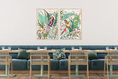 Birds in the Tropics, Illustration Style Painting Diptych on Paper, Tropical