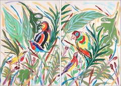 Vögel in den Tropen, Illustration Stil Malerei Diptychon auf Papier, Tropical