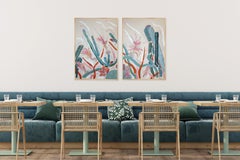 Blooming Cacti, Botanic Painting, Illustration Style Large Diptych, Desert Plant