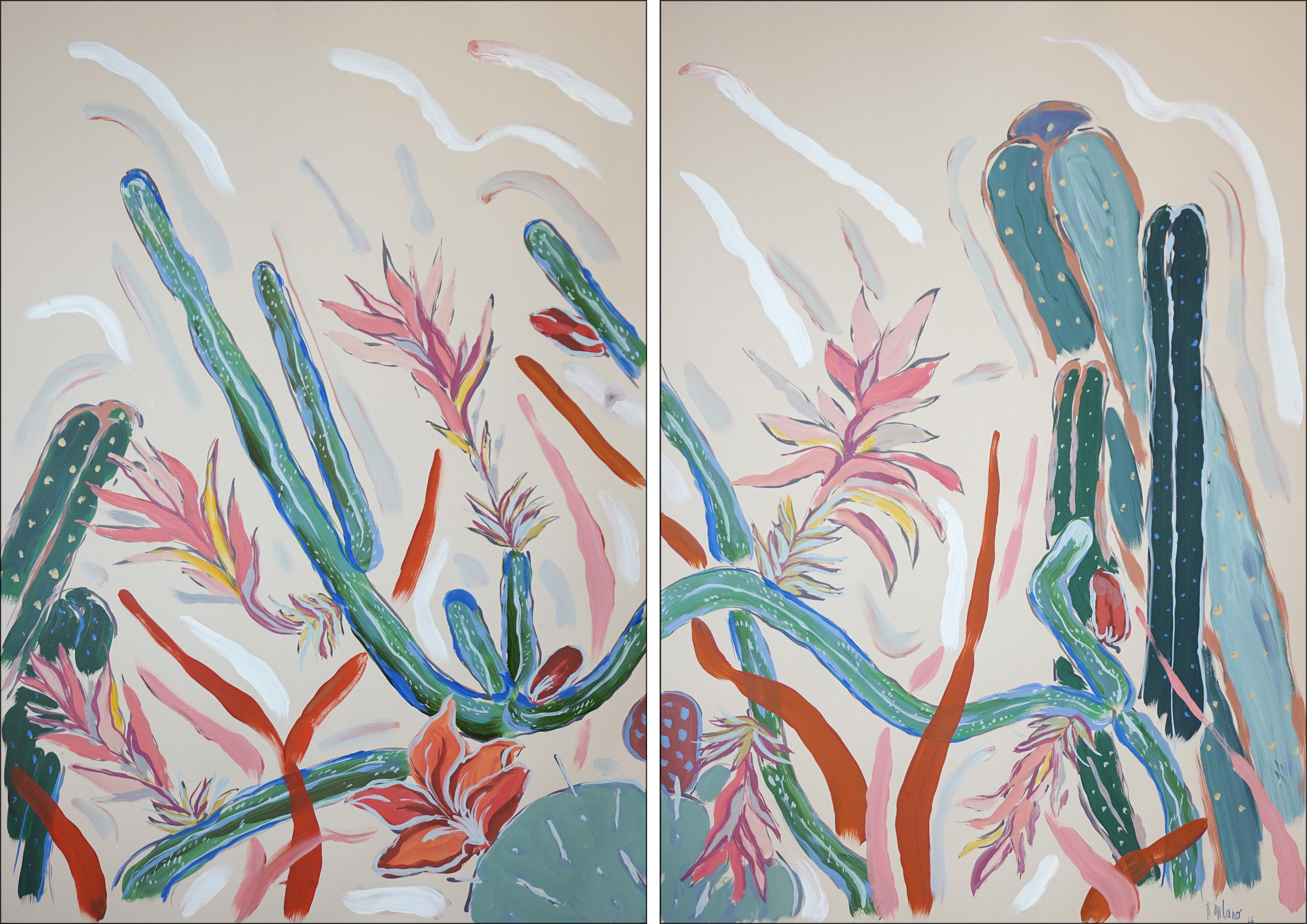 Blooming Cacti, Botanic Painting, Illustration Style Large Diptych, Desert Plant