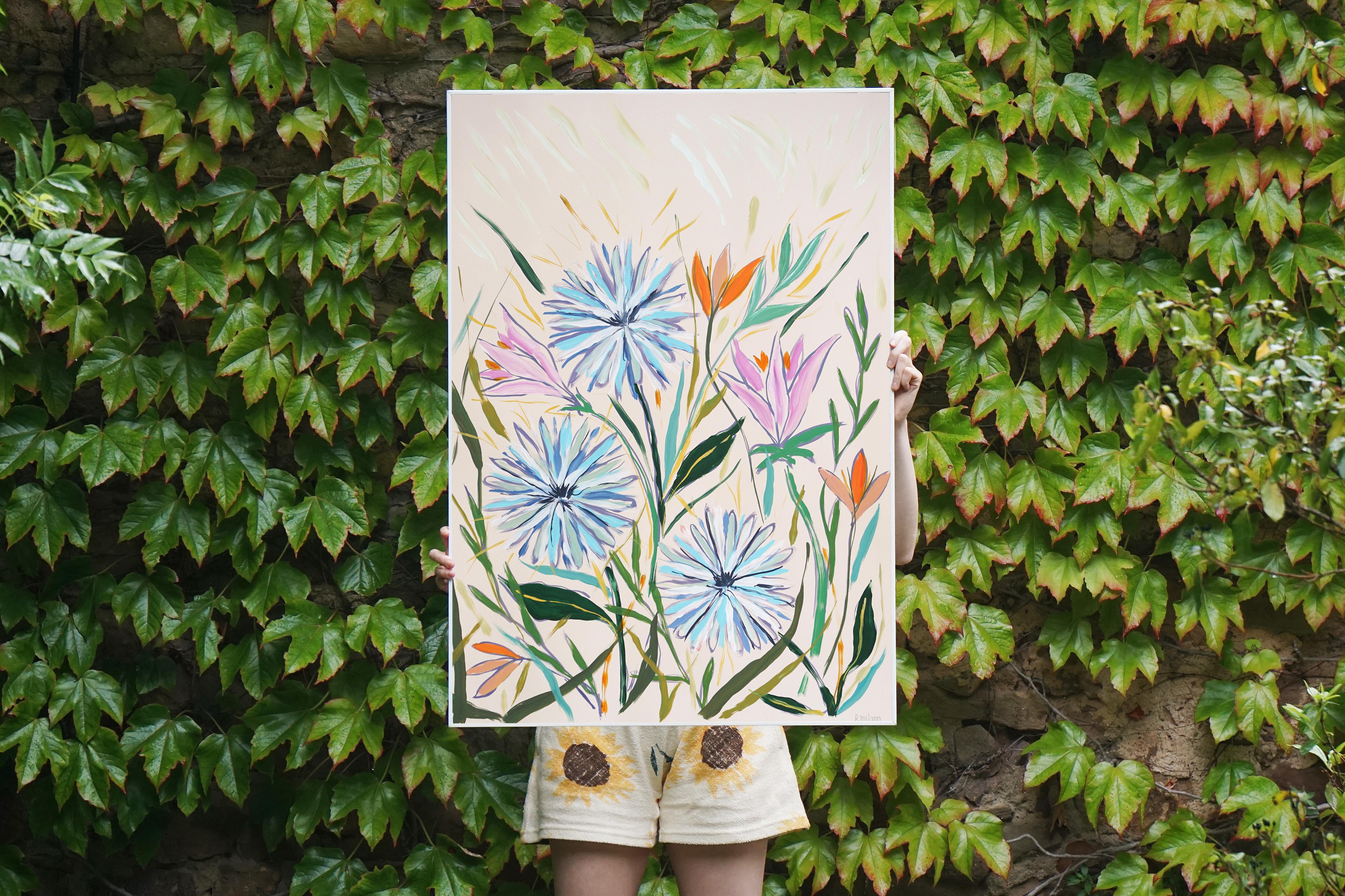 Dandelions en fleurs et tulipes sauvages, style illustration, - Painting de Romina Milano