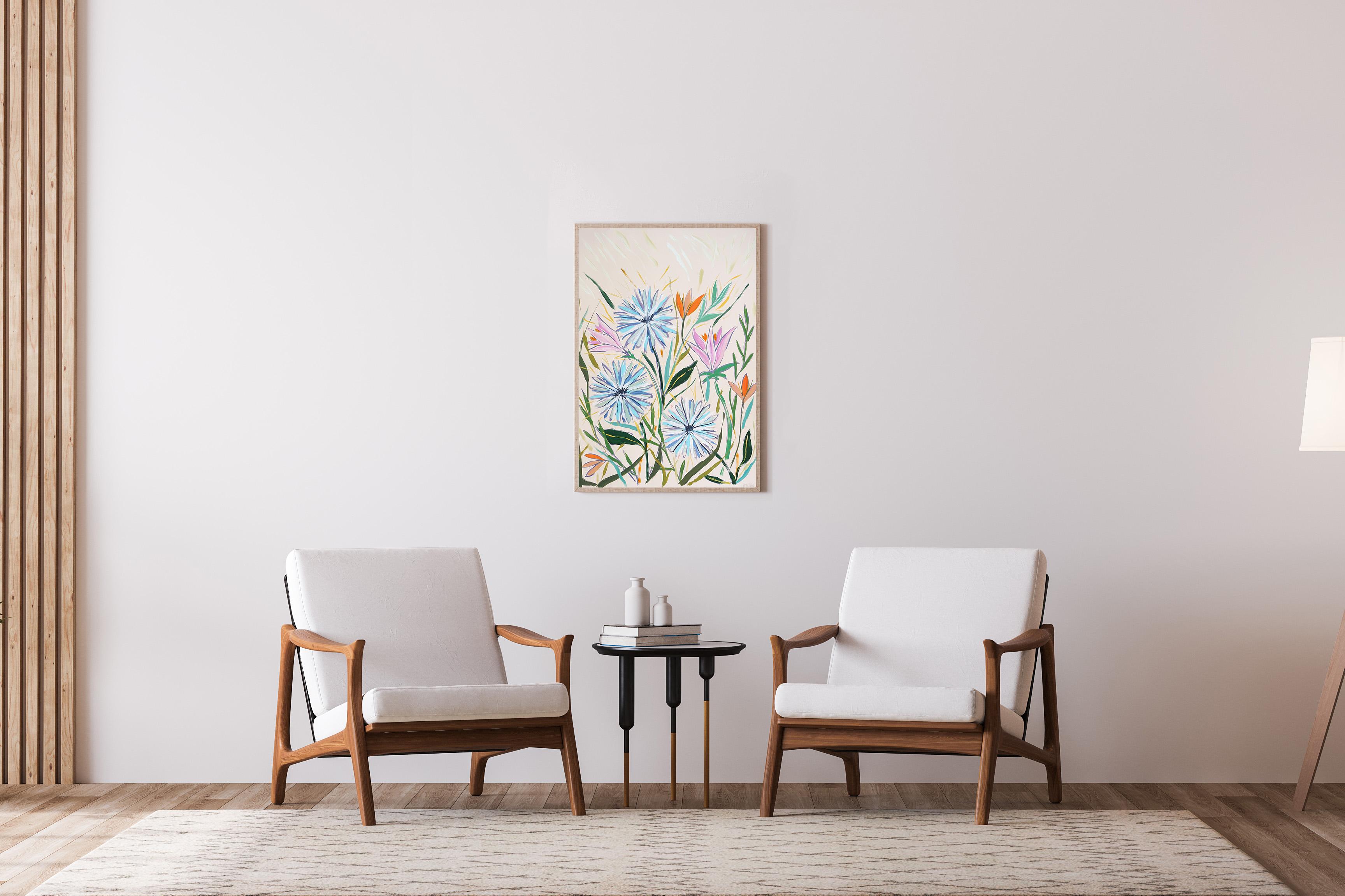 Dandelions en fleurs et tulipes sauvages, style illustration, - Gris Landscape Painting par Romina Milano