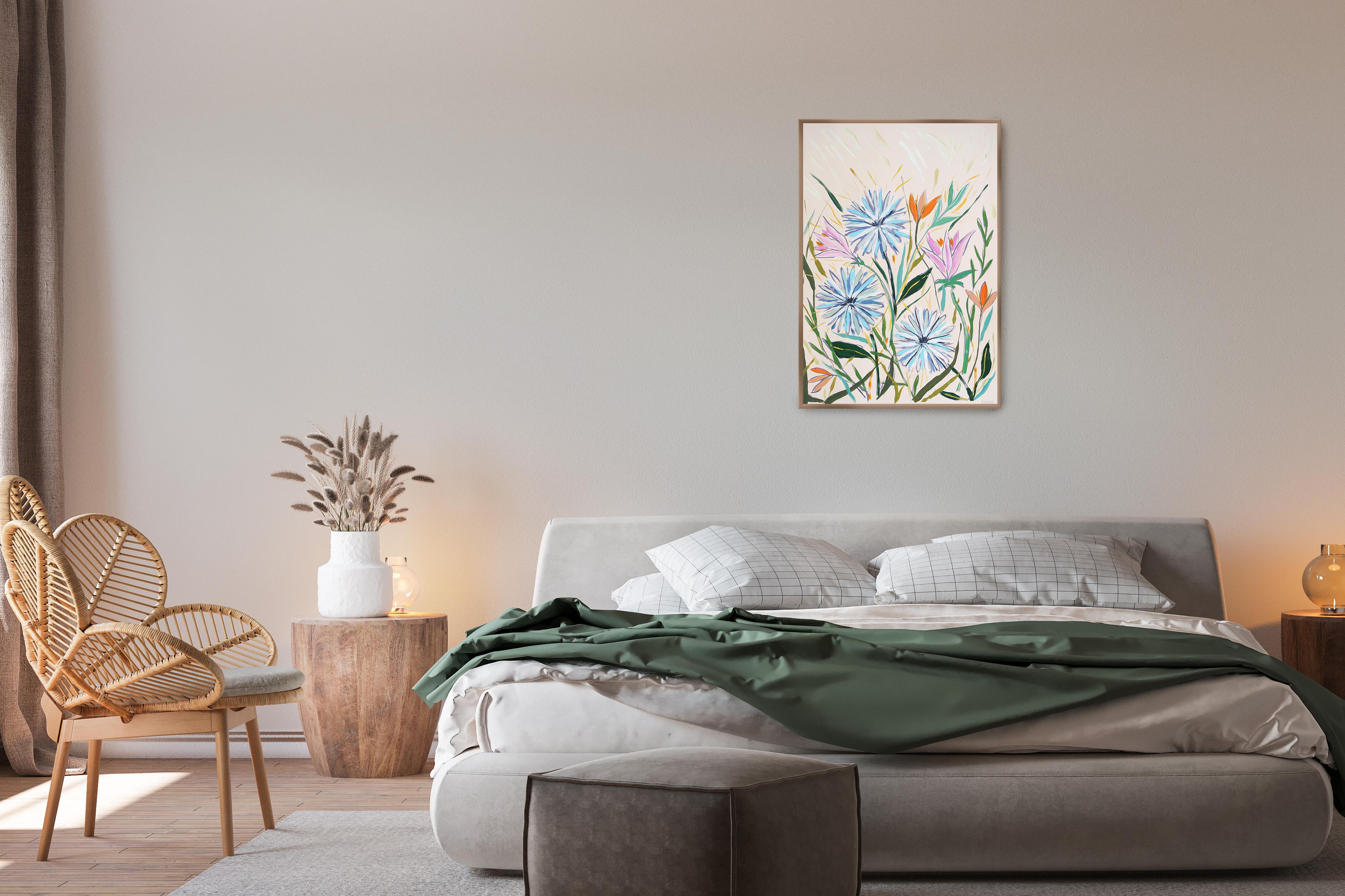 Dandelions en fleurs et tulipes sauvages, style illustration, en vente 1