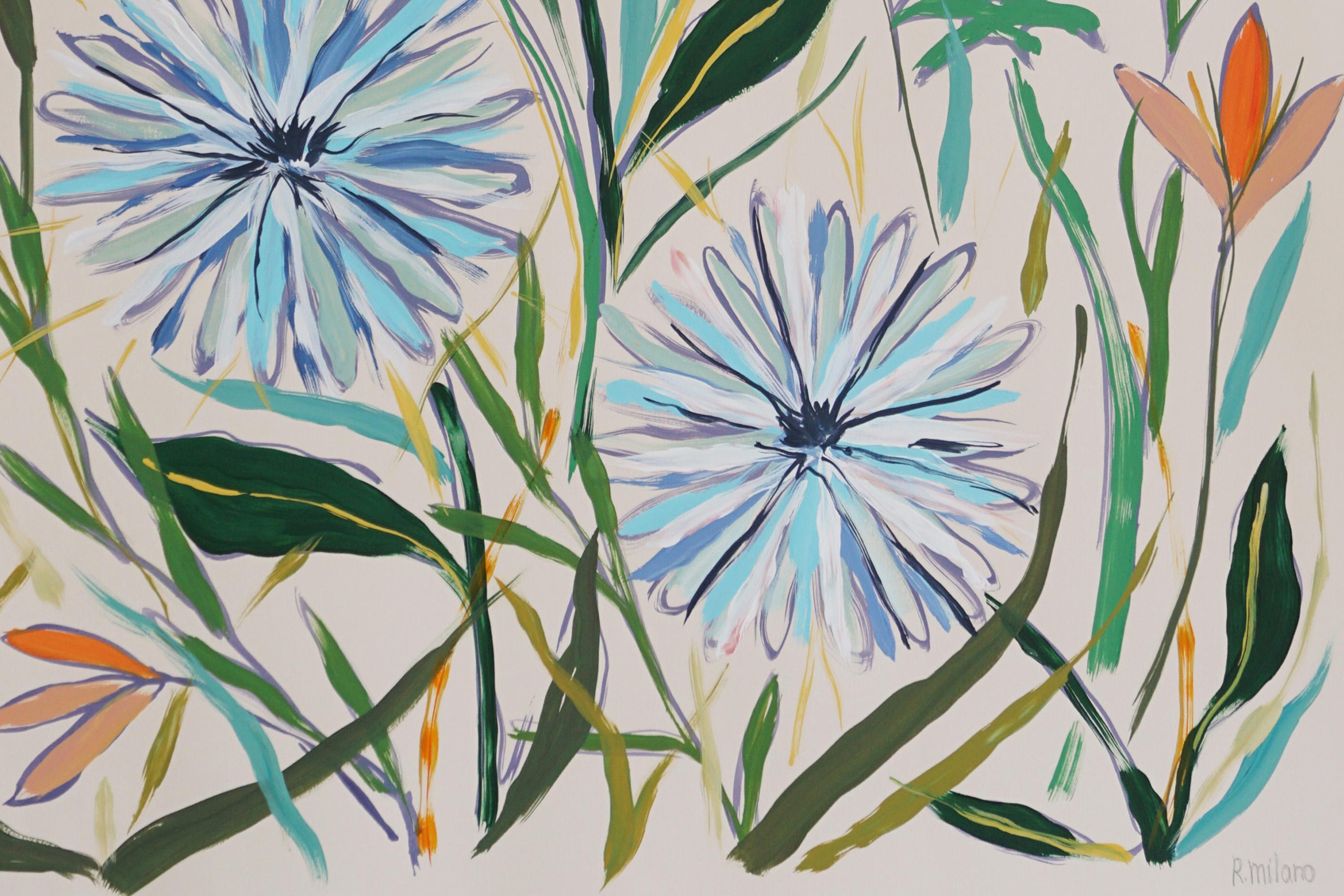Dandelions en fleurs et tulipes sauvages, style illustration, en vente 2