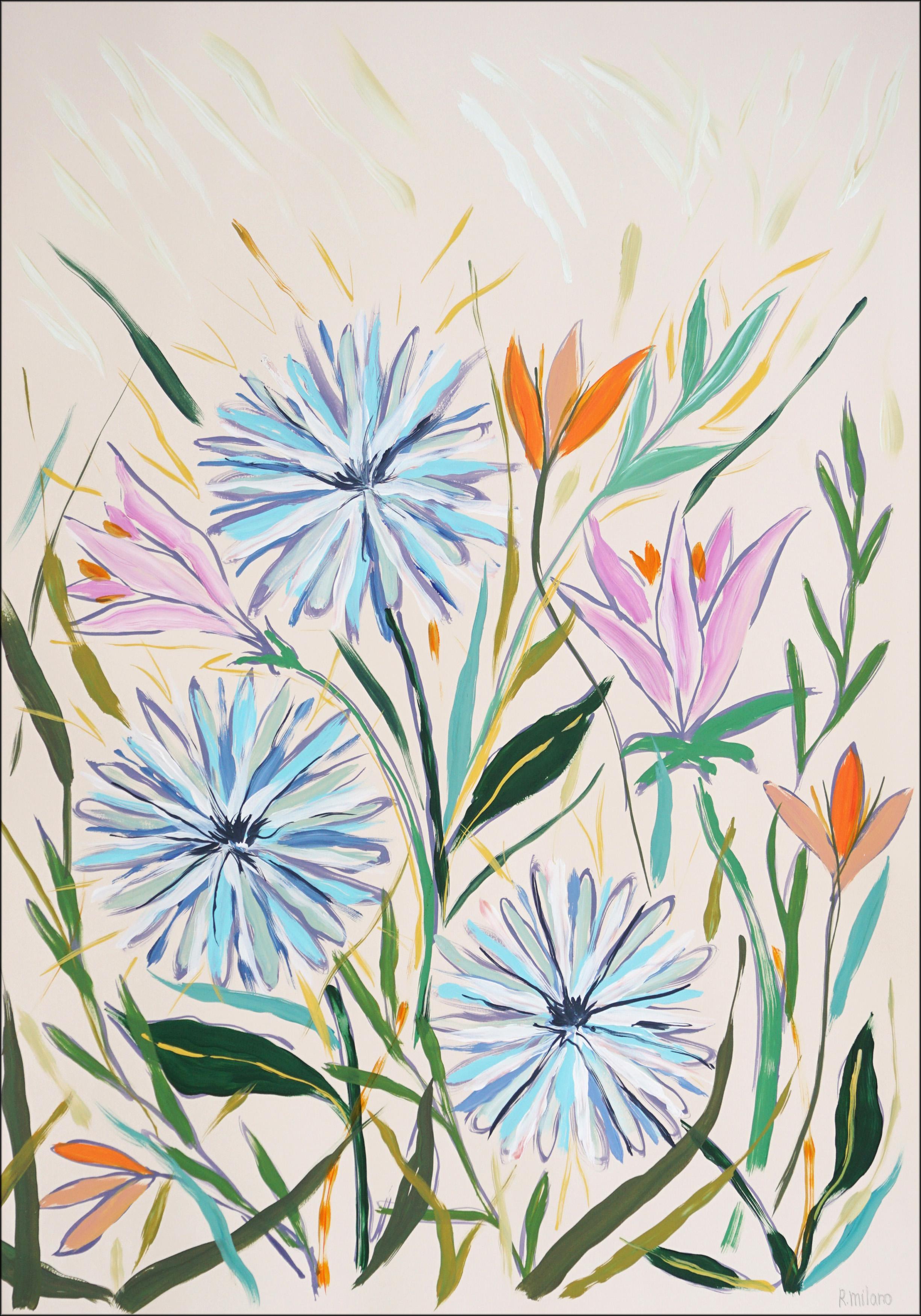 Dientes de león en flor y tulipanes silvestres, estilo ilustración, flores mediterráneas