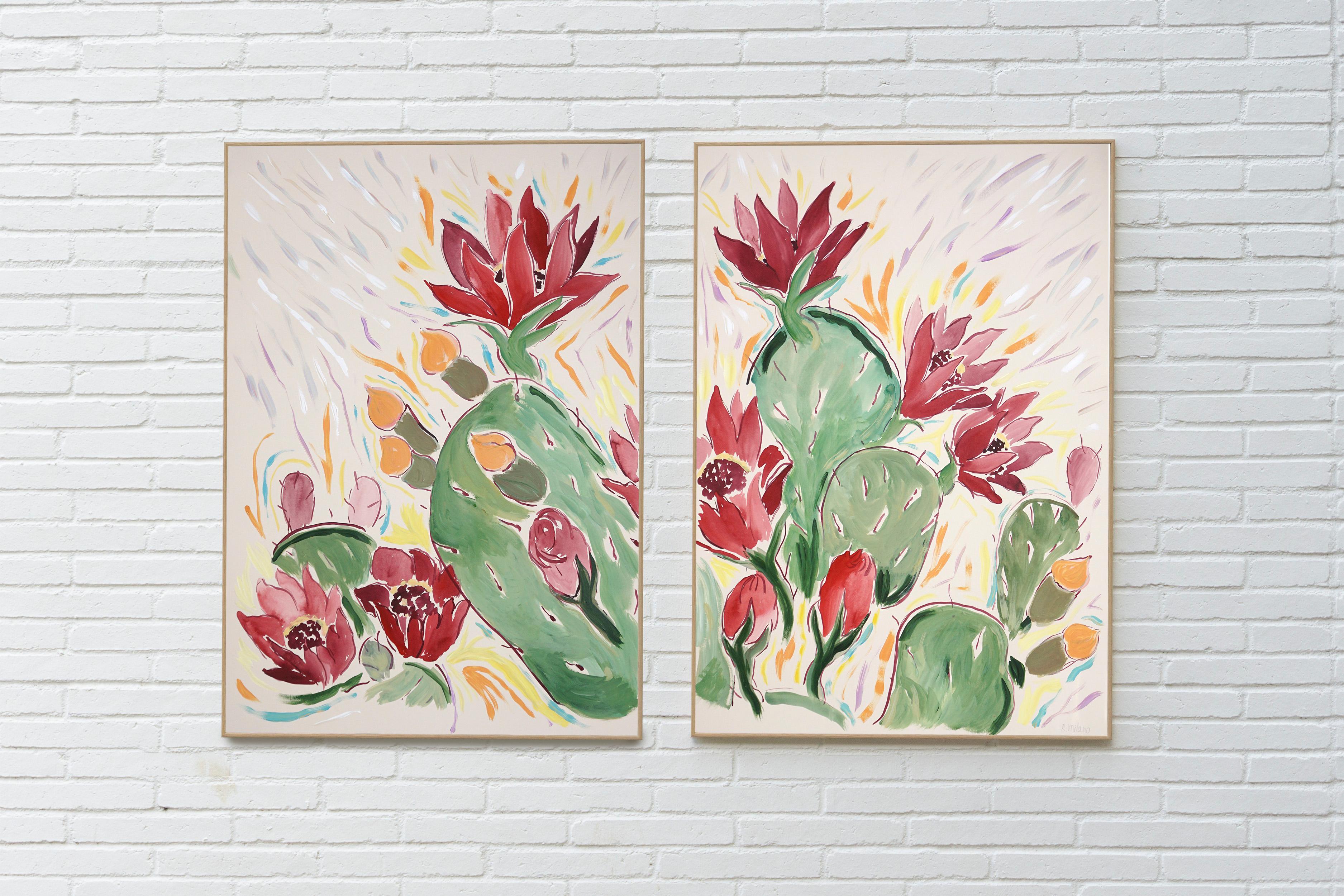 Blooming Flowers in Red, Green Wild Cactus Diptych, Illustration Style, Desert - Painting by Romina Milano