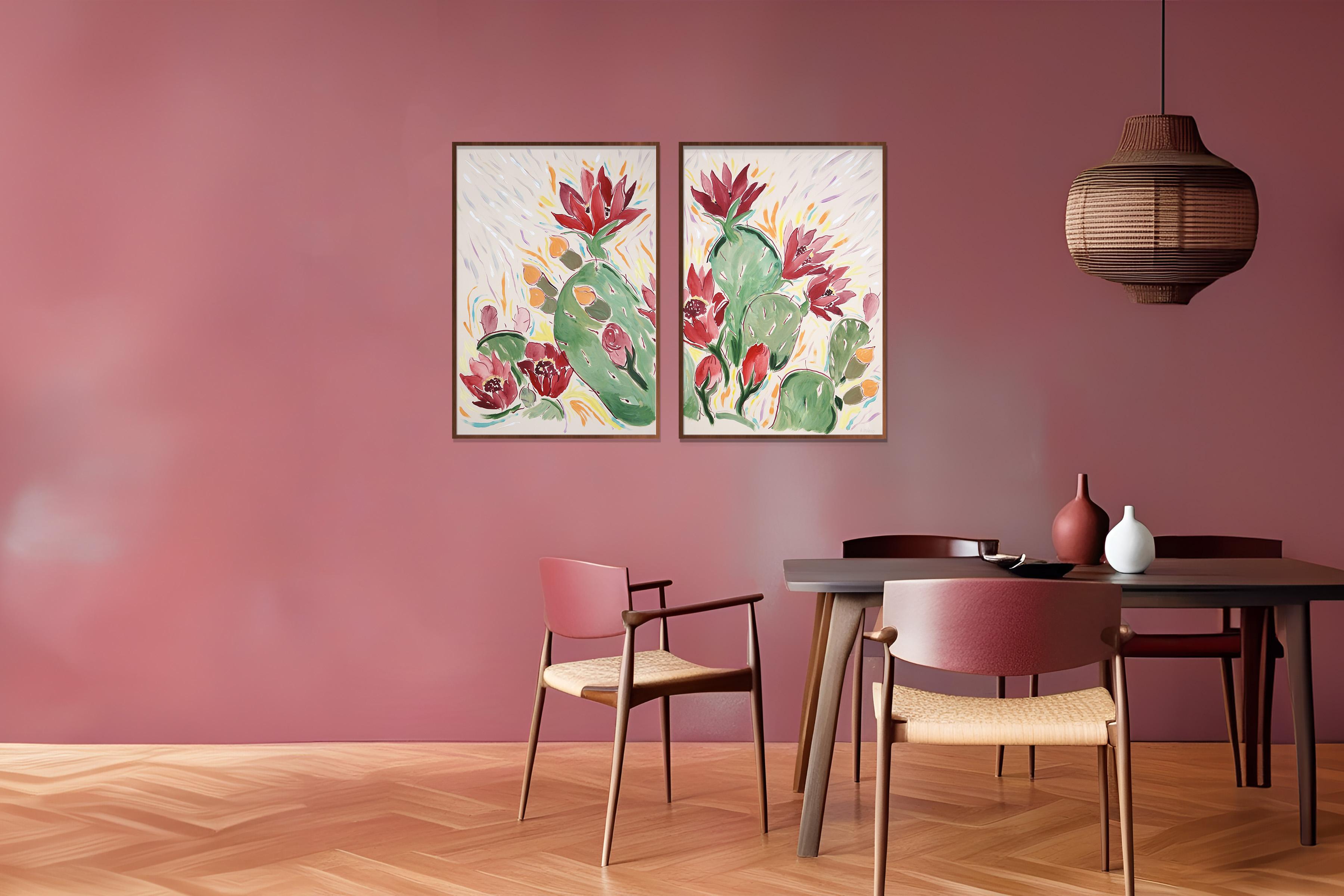 Blooming Flowers in Red, Green Wild Cactus Diptych, Illustration Style, Desert  - Modern Painting by Romina Milano