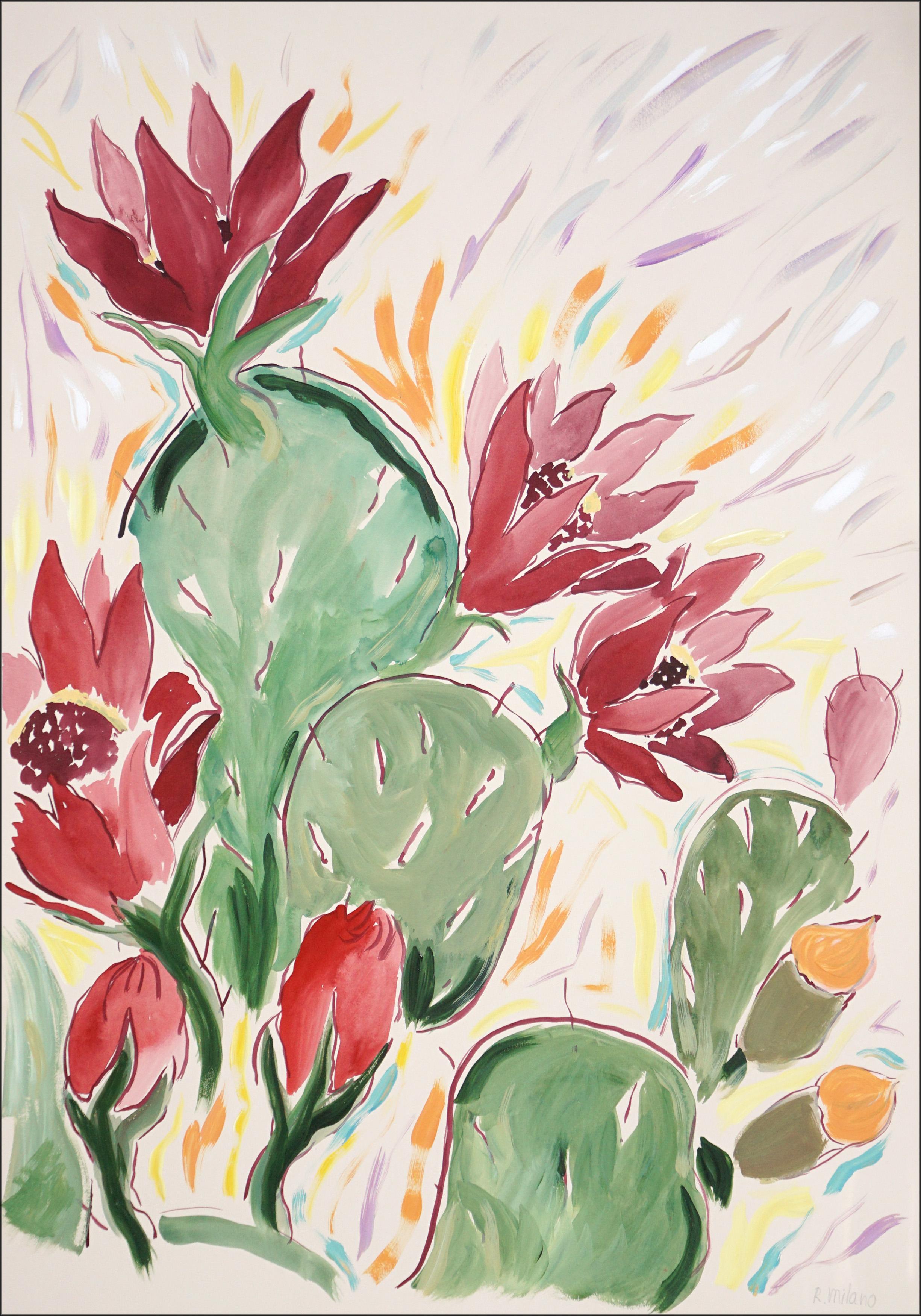 Blooming Flowers in Red, Green Wild Cactus Diptych, Illustration Style, Desert  1