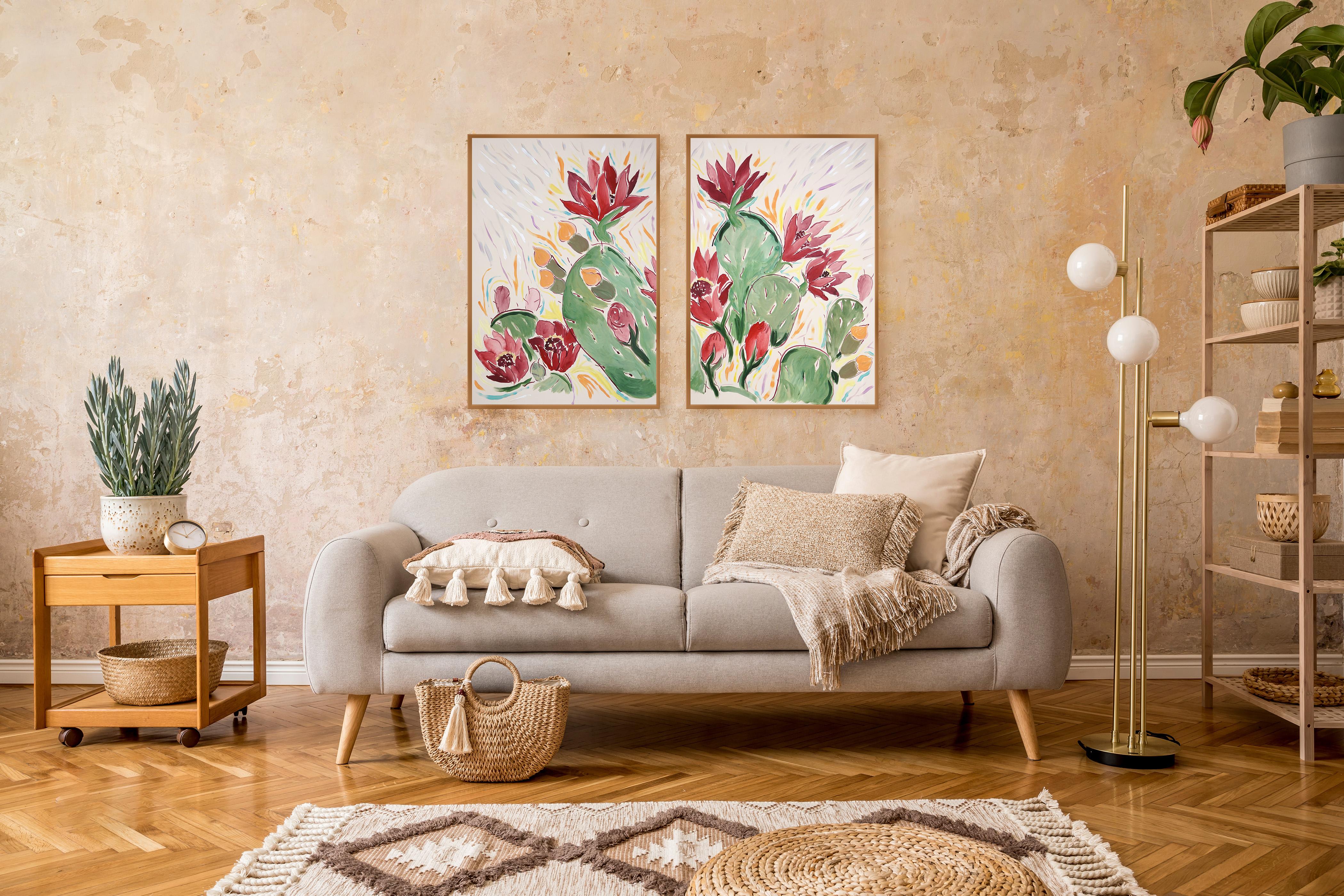 Blooming Flowers in Red, Green Wild Cactus Diptych, Illustration Style, Desert  2