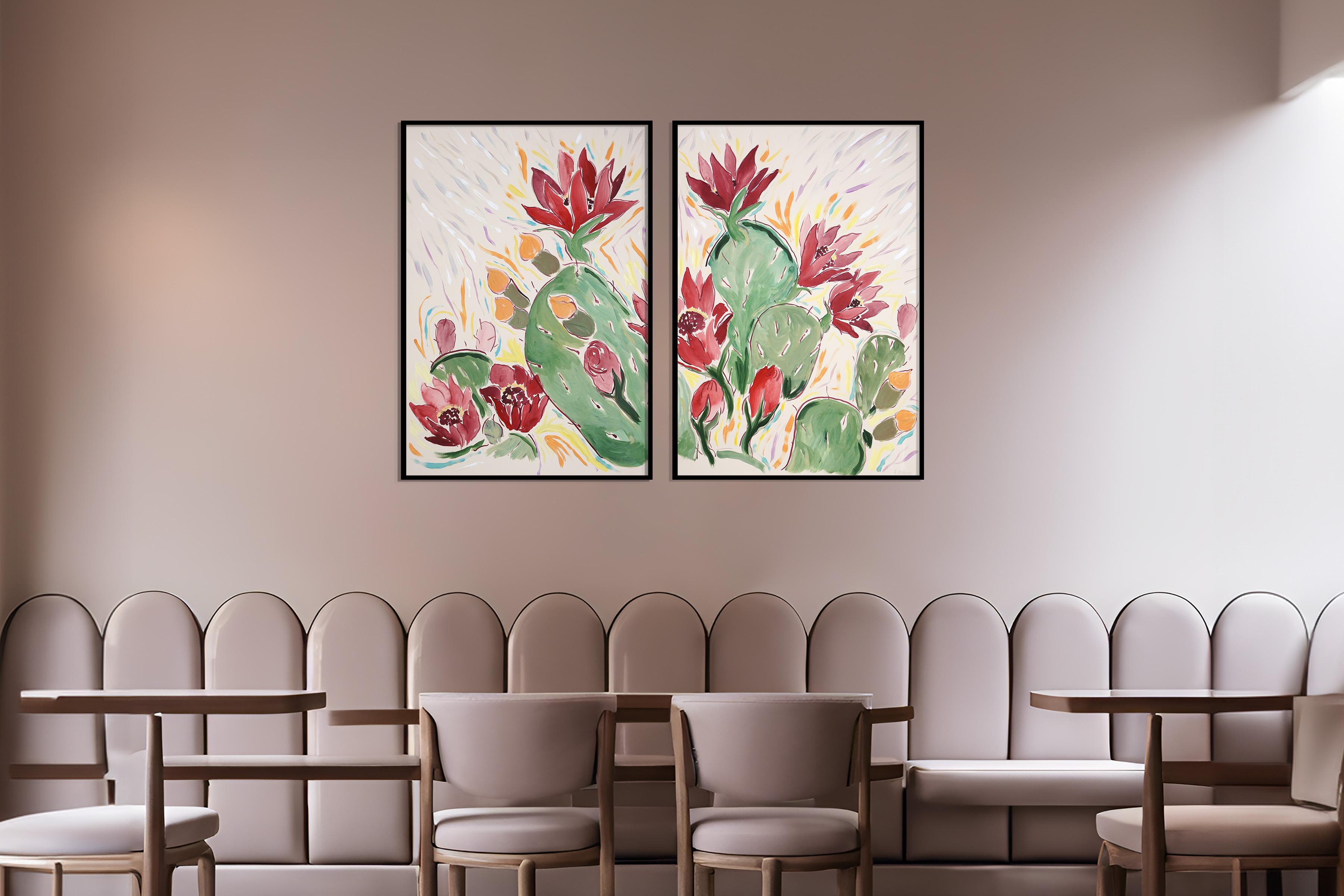 Blooming Flowers in Red, Green Wild Cactus Diptych, Illustration Style, Desert  4