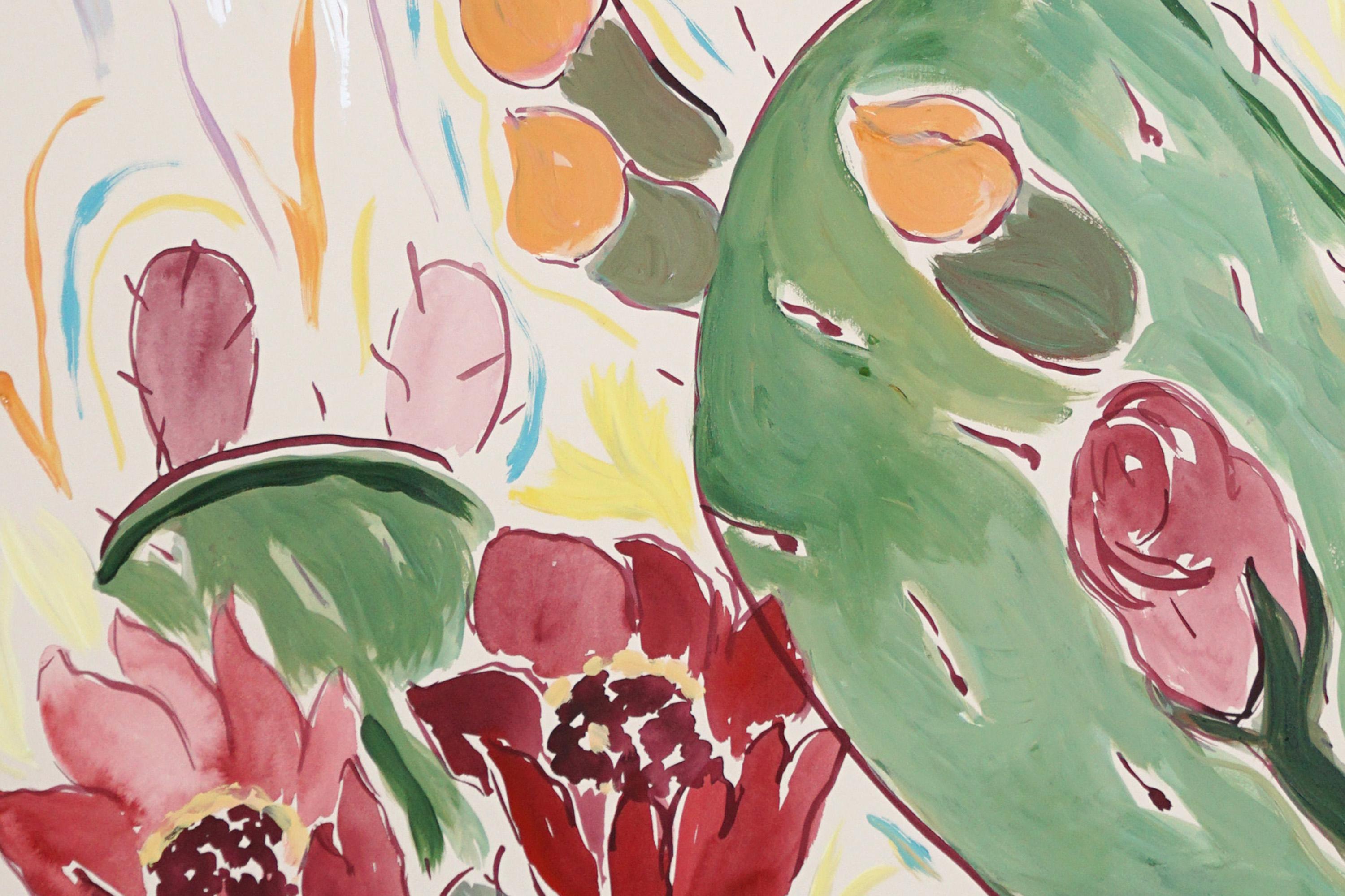 Blooming Flowers in Red, Green Wild Cactus Diptych, Illustration Style, Desert  5