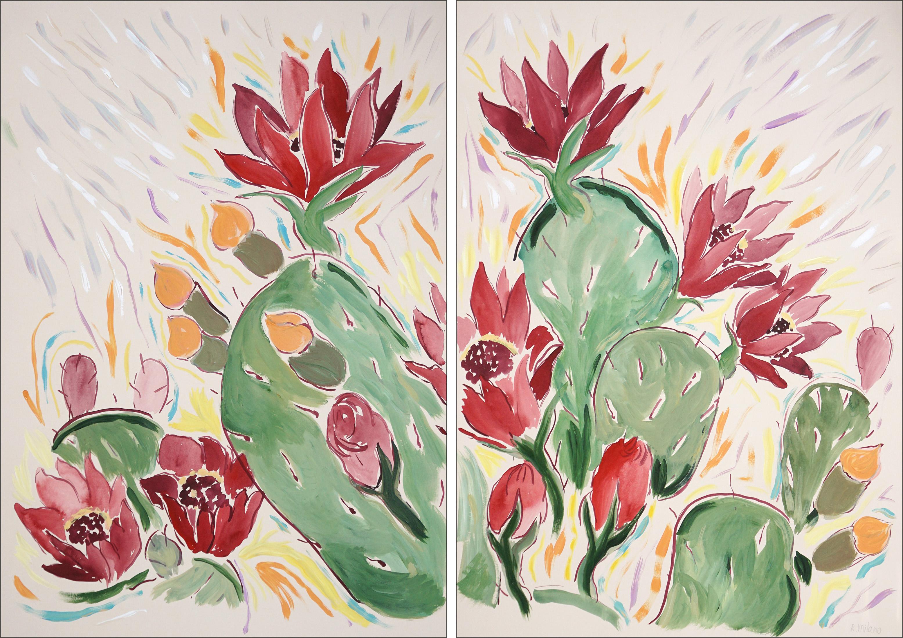 Romina Milano Landscape Painting - Blooming Flowers in Red, Green Wild Cactus Diptych, Illustration Style, Desert 