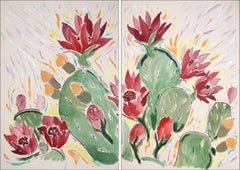 Blooming Flowers in Red, Green Wild Cactus Diptych, Illustration Style, Desert 
