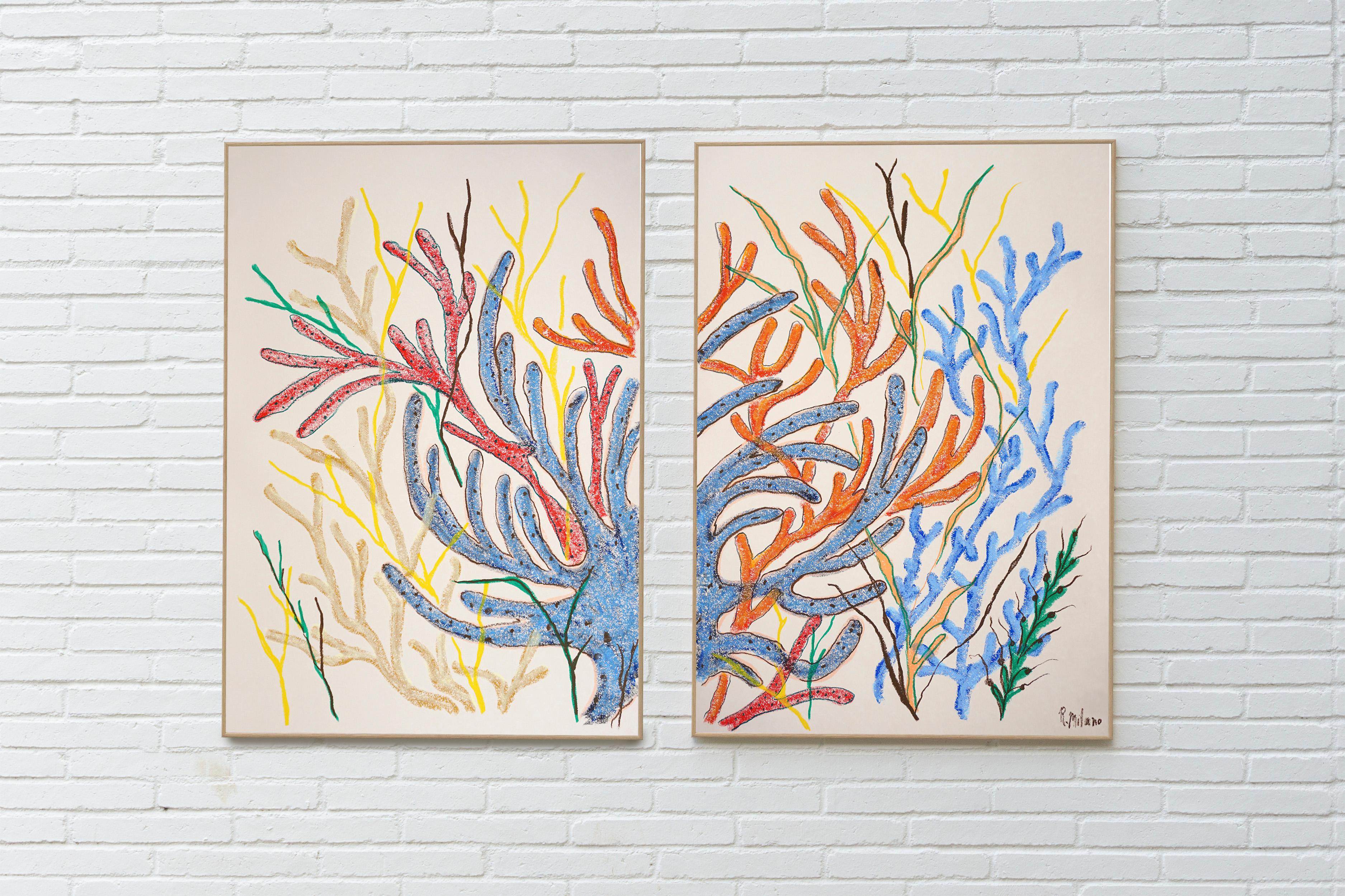 Blaue und rote Meeresflora, Korallenriff-Diptychon, Illustration biomorph auf Papier – Painting von Romina Milano