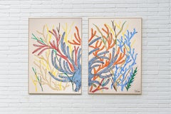 Blue and Red Marine Flora, Coral Reef Diptych, Illustration Biomorphic on Paper