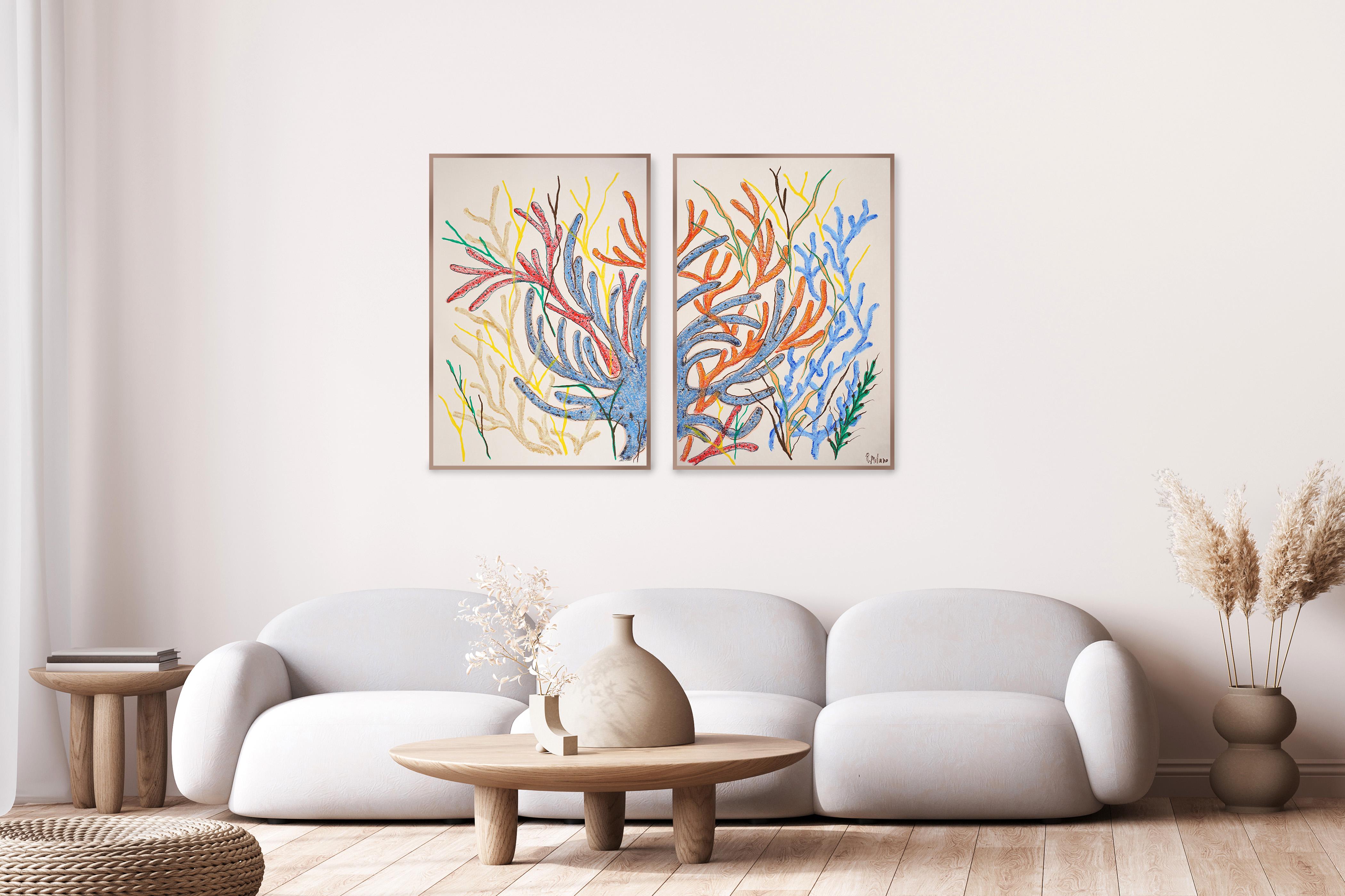 Blaue und rote Meeresflora, Korallenriff-Diptychon, Illustration biomorph auf Papier (Naturalismus), Painting, von Romina Milano